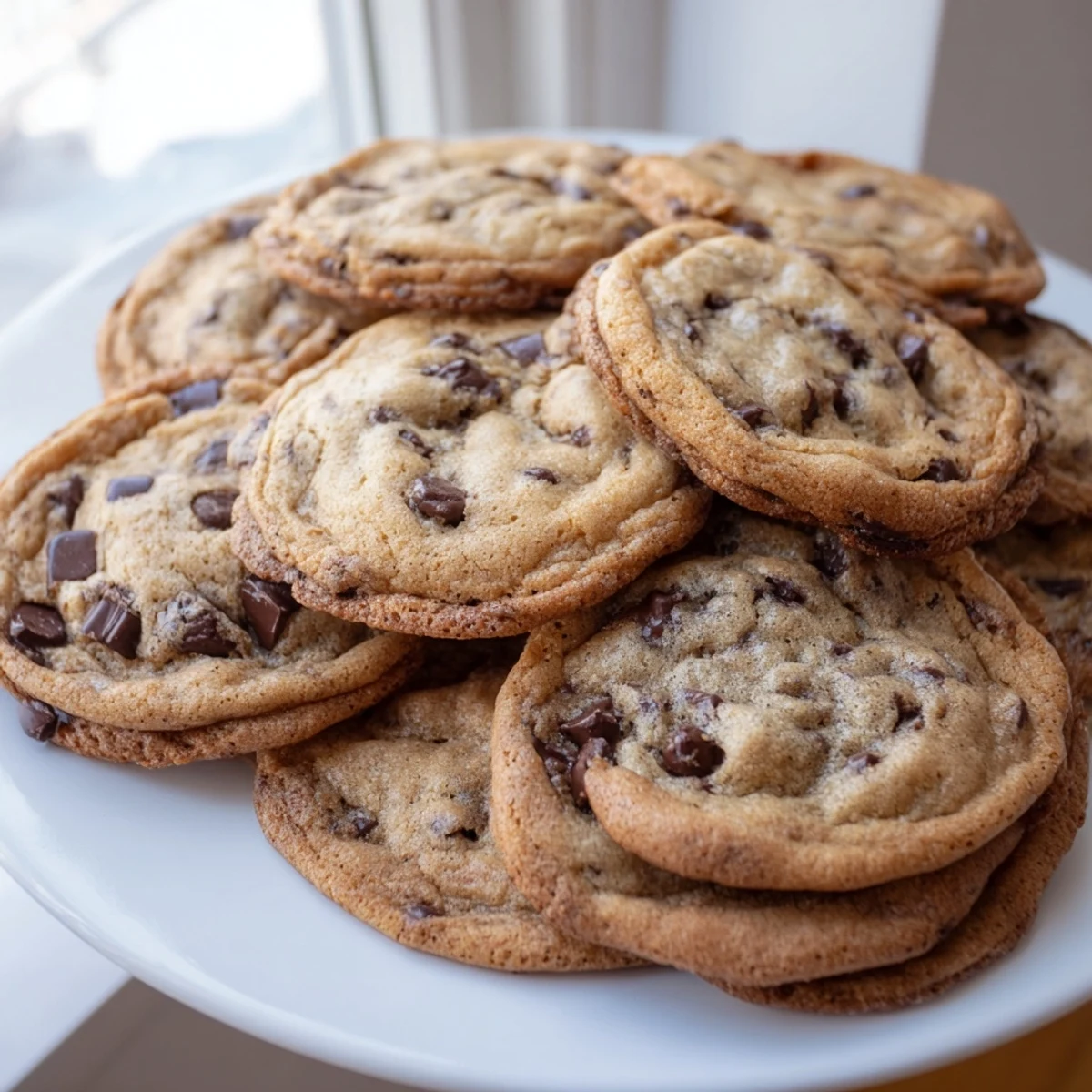Warm chewy chocolate chip cookies on a baking sheet with soft centers and crisp edges