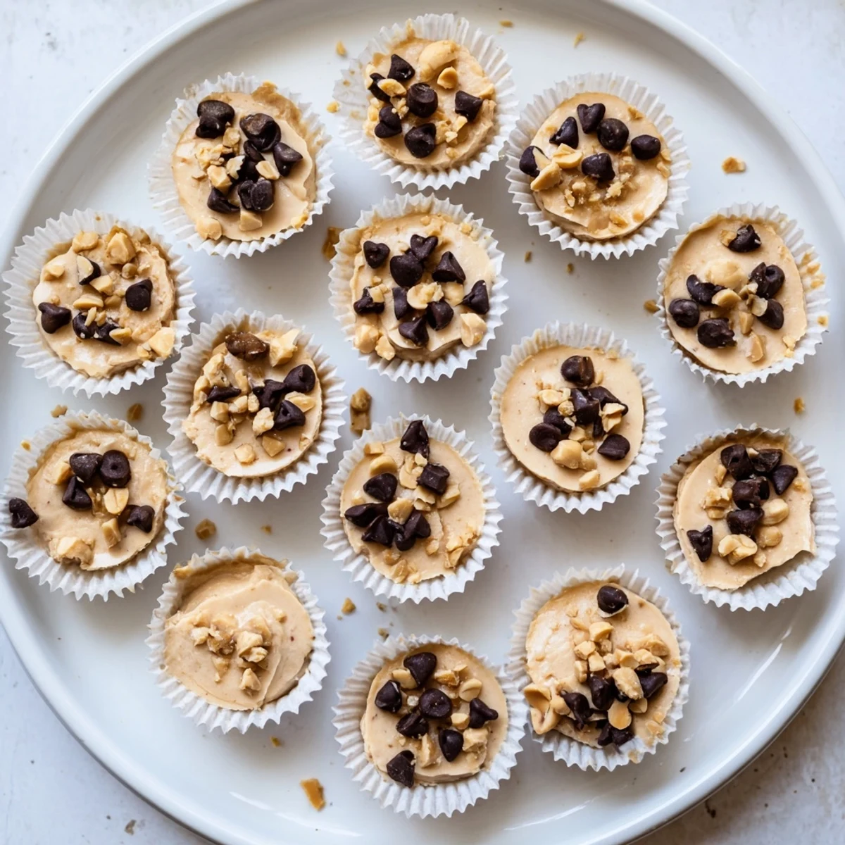 Creamy frozen peanut butter Greek yogurt bites topped with melted dark chocolate and crushed peanuts in a mini muffin tin