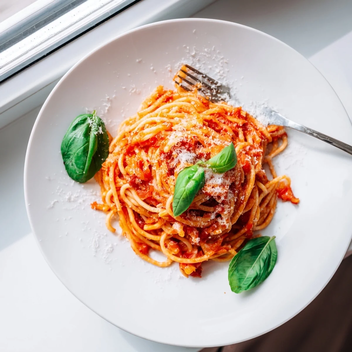 Steaming bowl of Italian pasta tossed with flavorful tomato sauce and sprinkled grated Parmesan