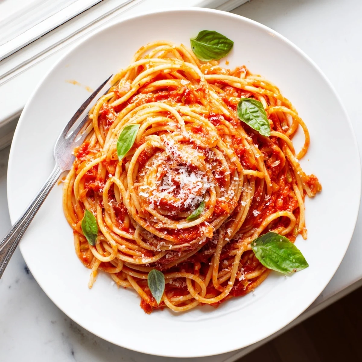 Golden pasta noodles coated in rich homemade tomato pasta sauce with fresh basil garnish
