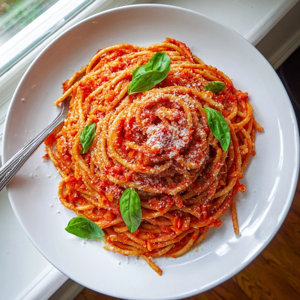 Close-up of al dente pasta swimming in savory tomato sauce on a white plate