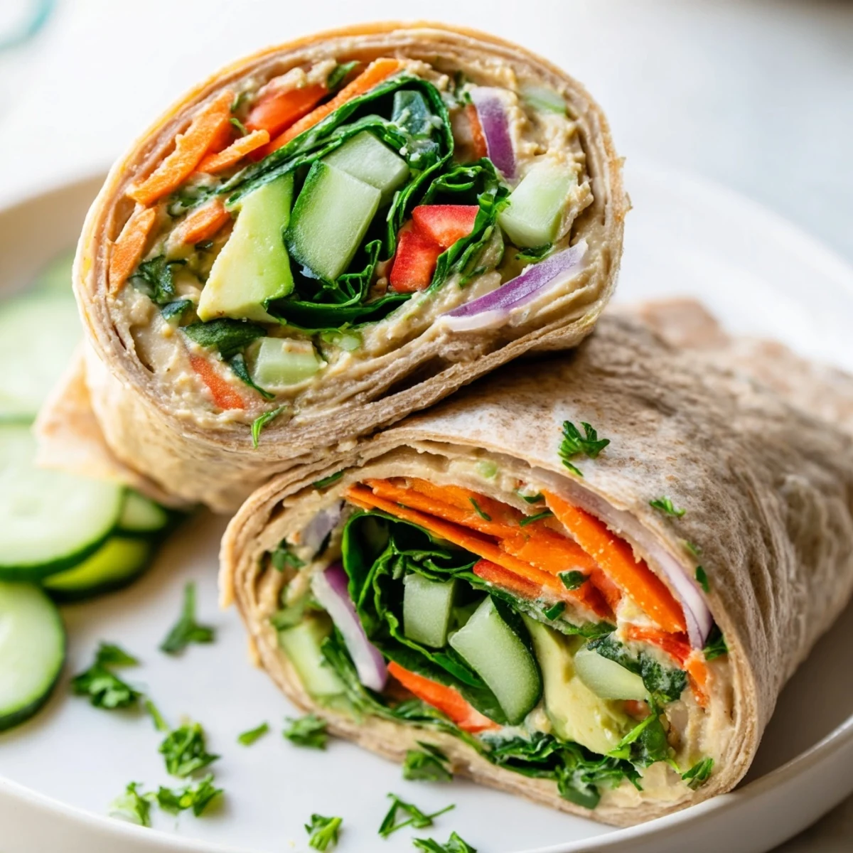 Golden brown tortilla wrapped around creamy hummus with crisp red pepper and cucumber slices
