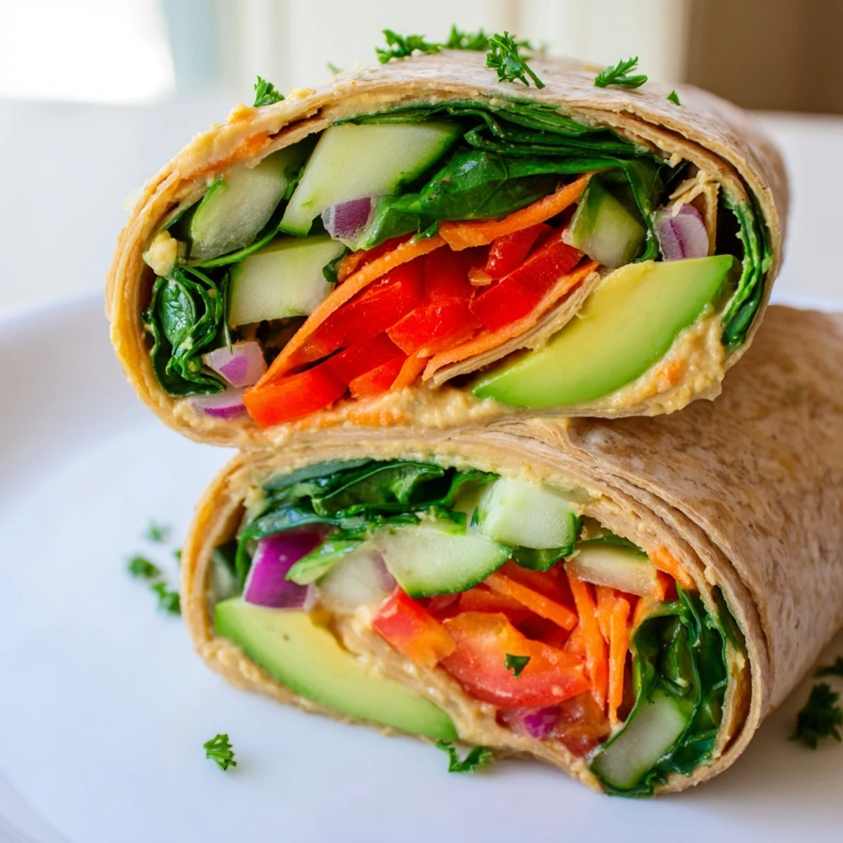 Fresh Mediterranean-style Heavenly Hummus Wrap packed with colorful vegetables and tender green leaves