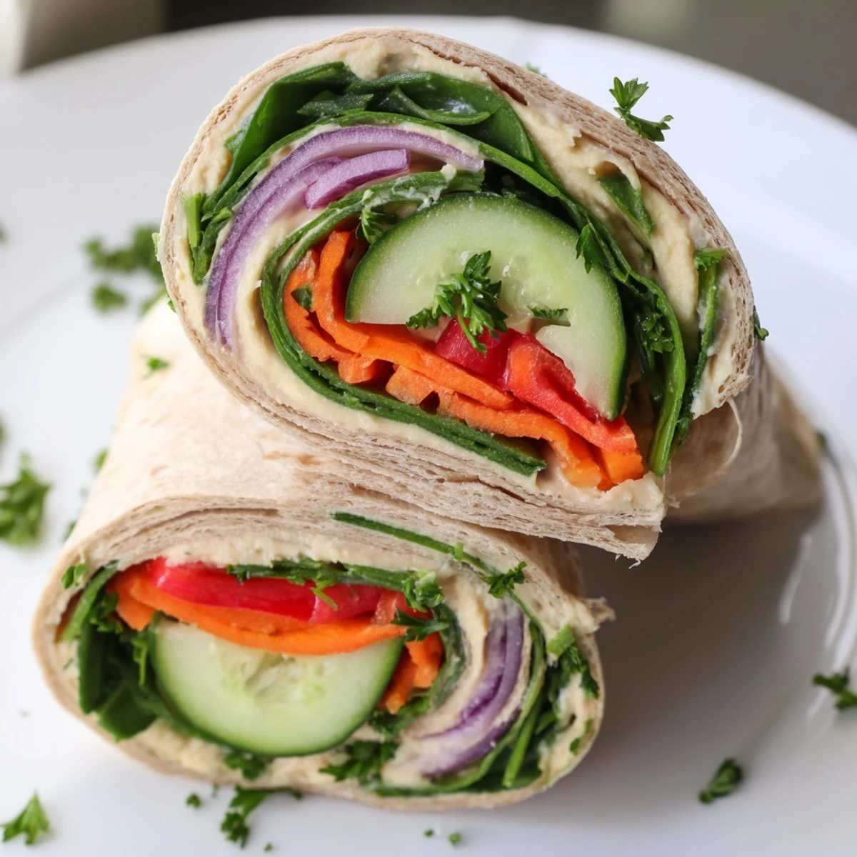 Sliced vegetable wrap revealing layers of smooth hummus, spinach, and julienned bell pepper