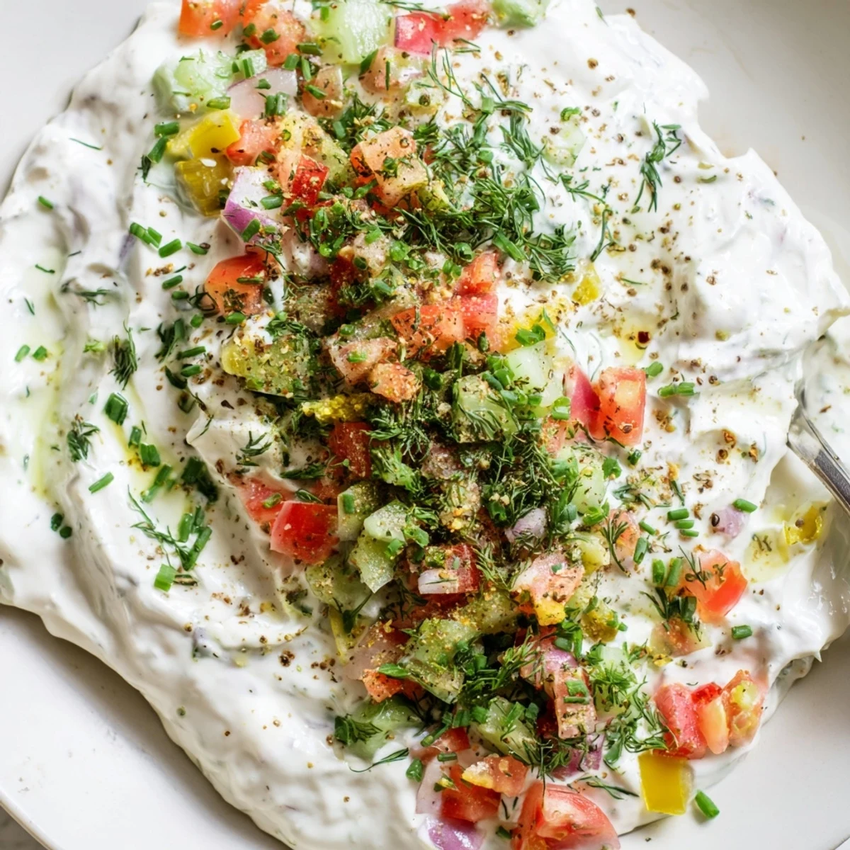 Creamy Grillos pickle de gallo ranch dip served in a white bowl surrounded by fresh vegetable sticks and tortilla chips