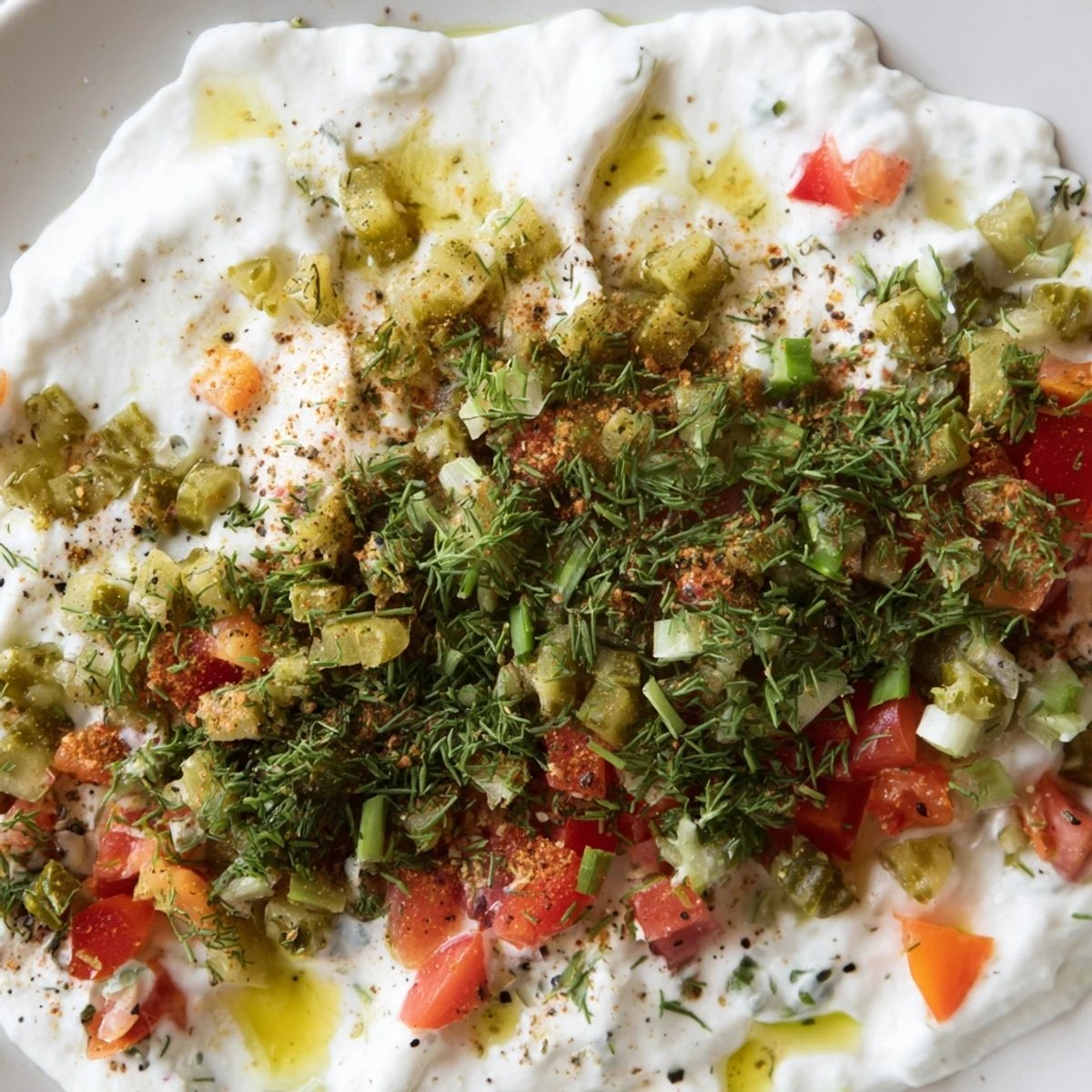 White bowl of zesty Grillos pickle de gallo ranch dip garnished with chopped dill and chives on wooden board