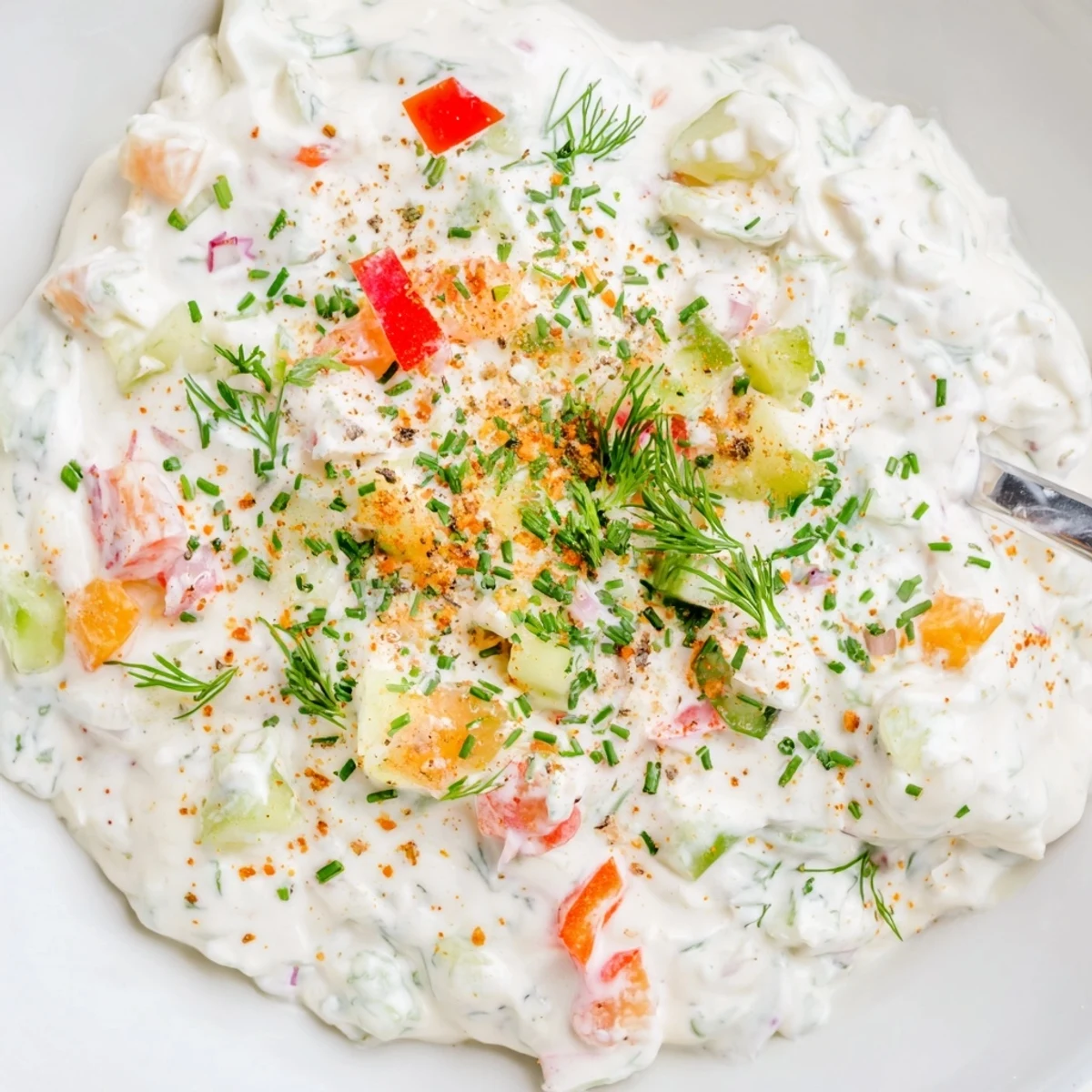 Close-up shot of thick Grillos pickle de gallo ranch dip with visible pickle chunks and pico de gallo swirling throughout
