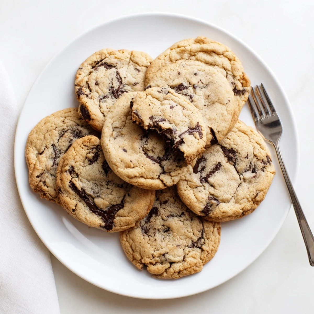 Freshly baked chewy chocolate chip cookies with golden edges and melted chocolate pools on a wire cooling rack.