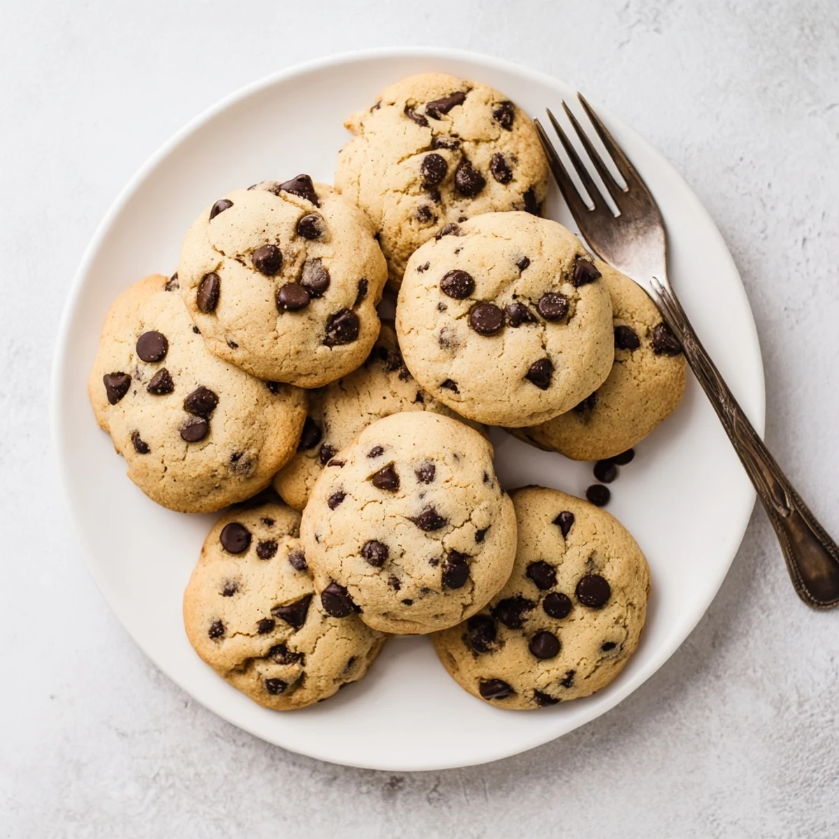 Soft thick chocolate chip cookies stacked high with semisweet chips bursting from every chewy homemade bite.