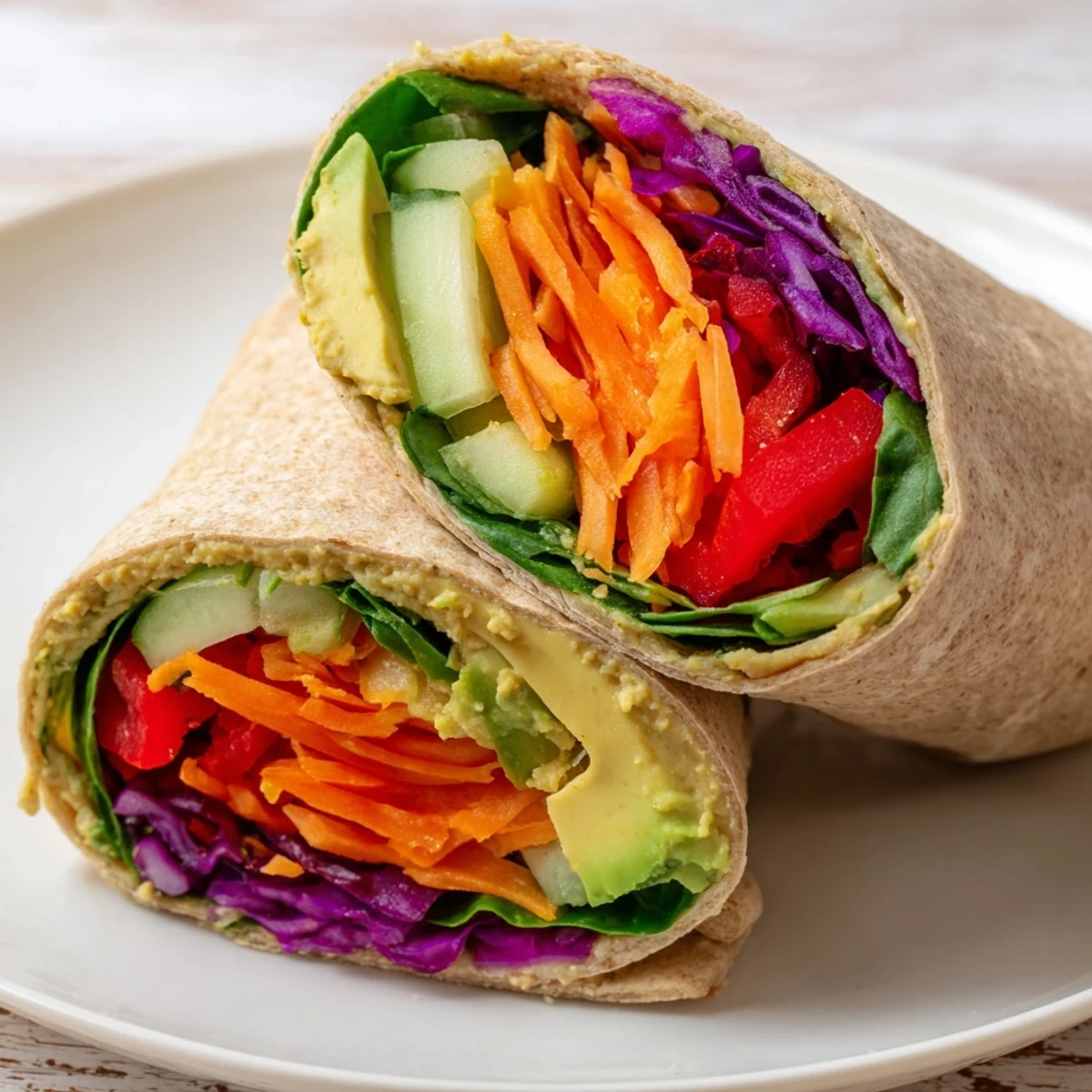Colorful veggie wrap with hummus featuring crisp spinach, carrots, and sliced vegetables rolled in whole wheat tortilla