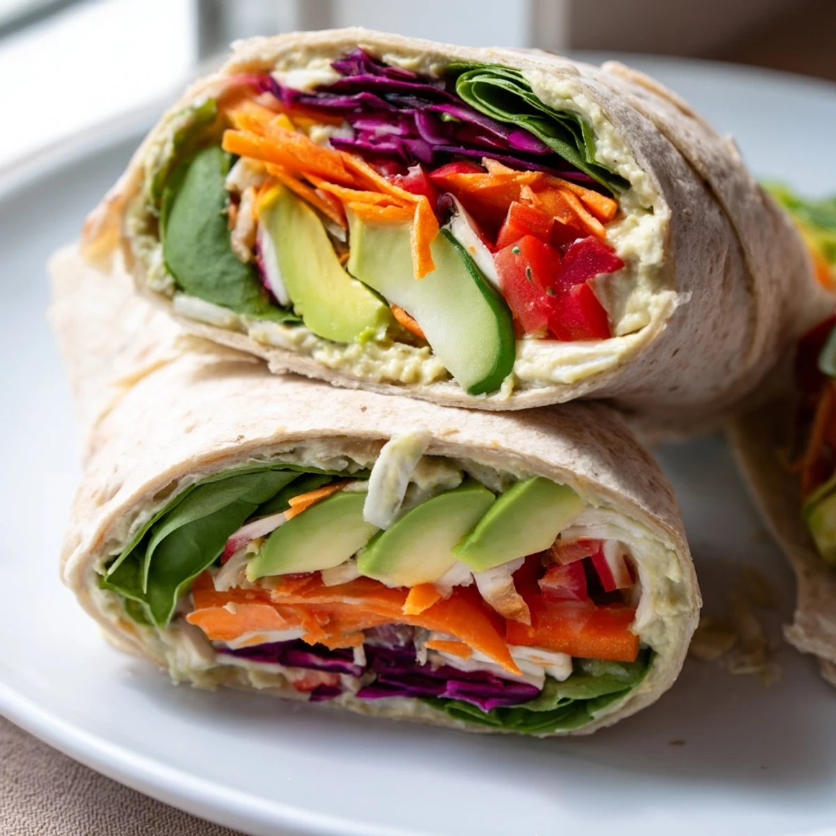 Healthy veggie wrap with hummus recipe displaying vibrant layered vegetables and creamy spread ready for quick lunch serving