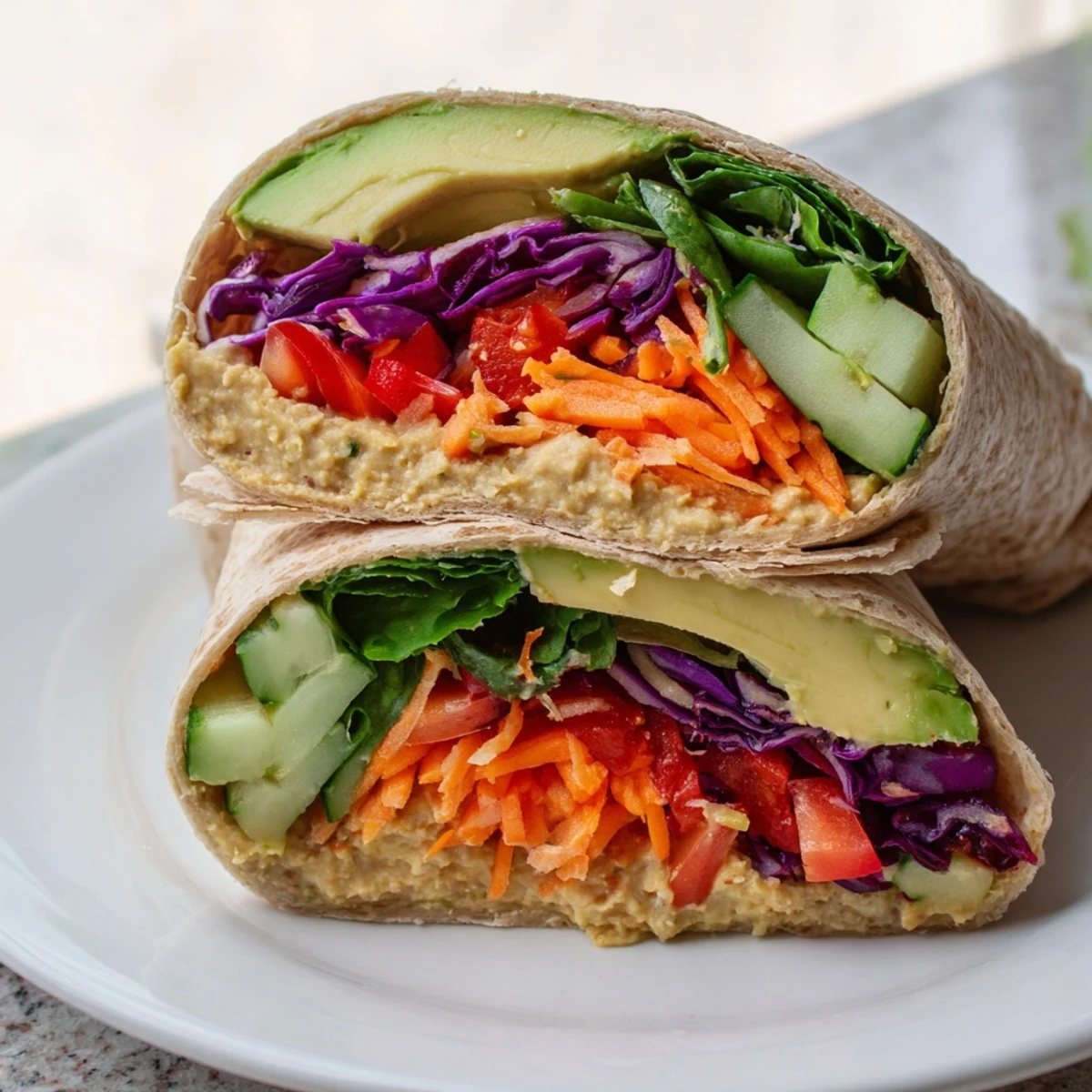 Fresh Mediterranean veggie wrap with hummus showcasing red bell pepper, cucumber, and purple cabbage in a diagonal half slice