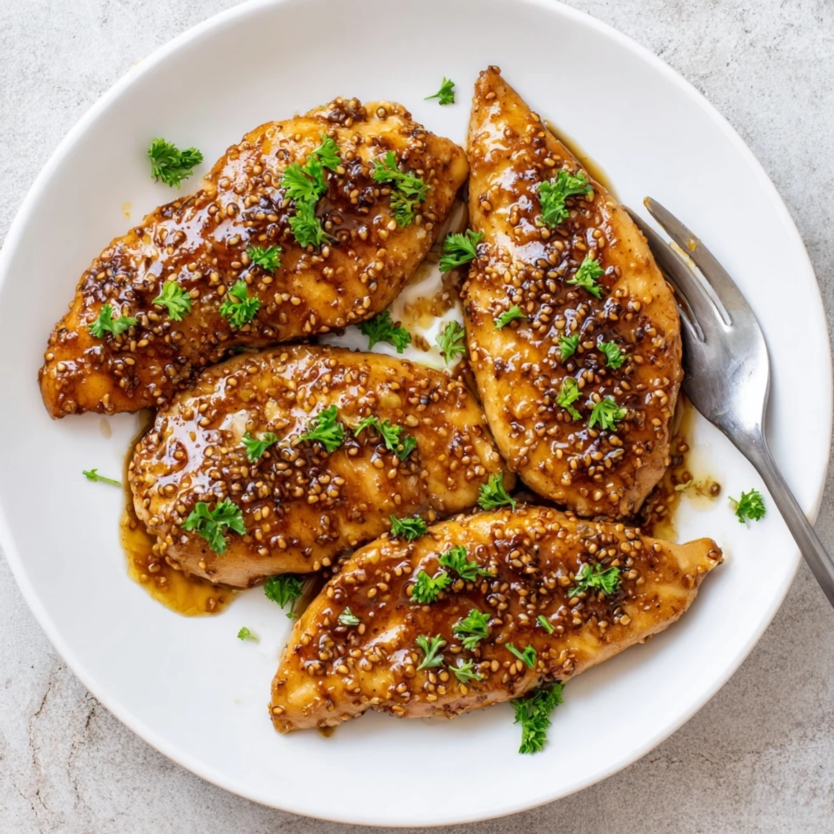 Golden glazed oven baked honey mustard chicken with caramelized edges and fresh parsley garnish