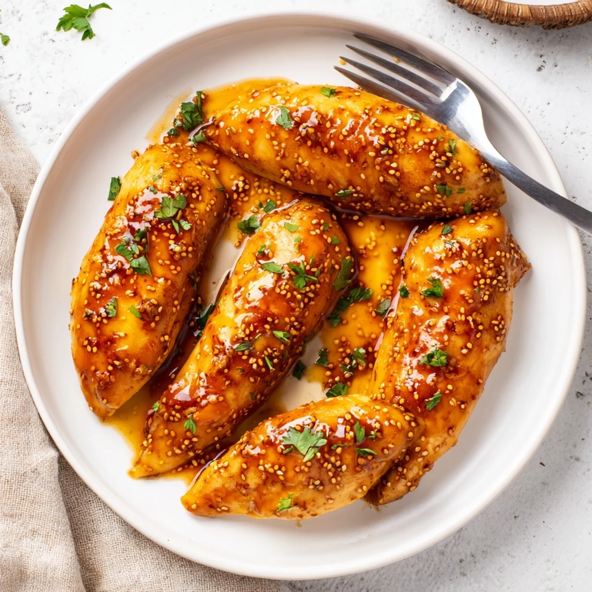 Juicy oven baked honey mustard chicken breasts resting in sweet tangy honey mustard sauce