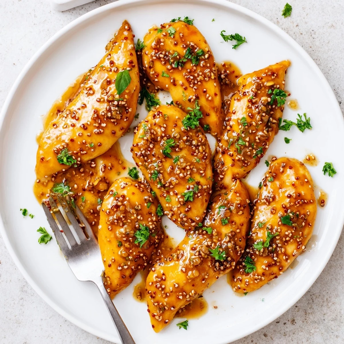 Fork-tender oven baked honey mustard chicken served over roasted vegetables with glistening sauce coating