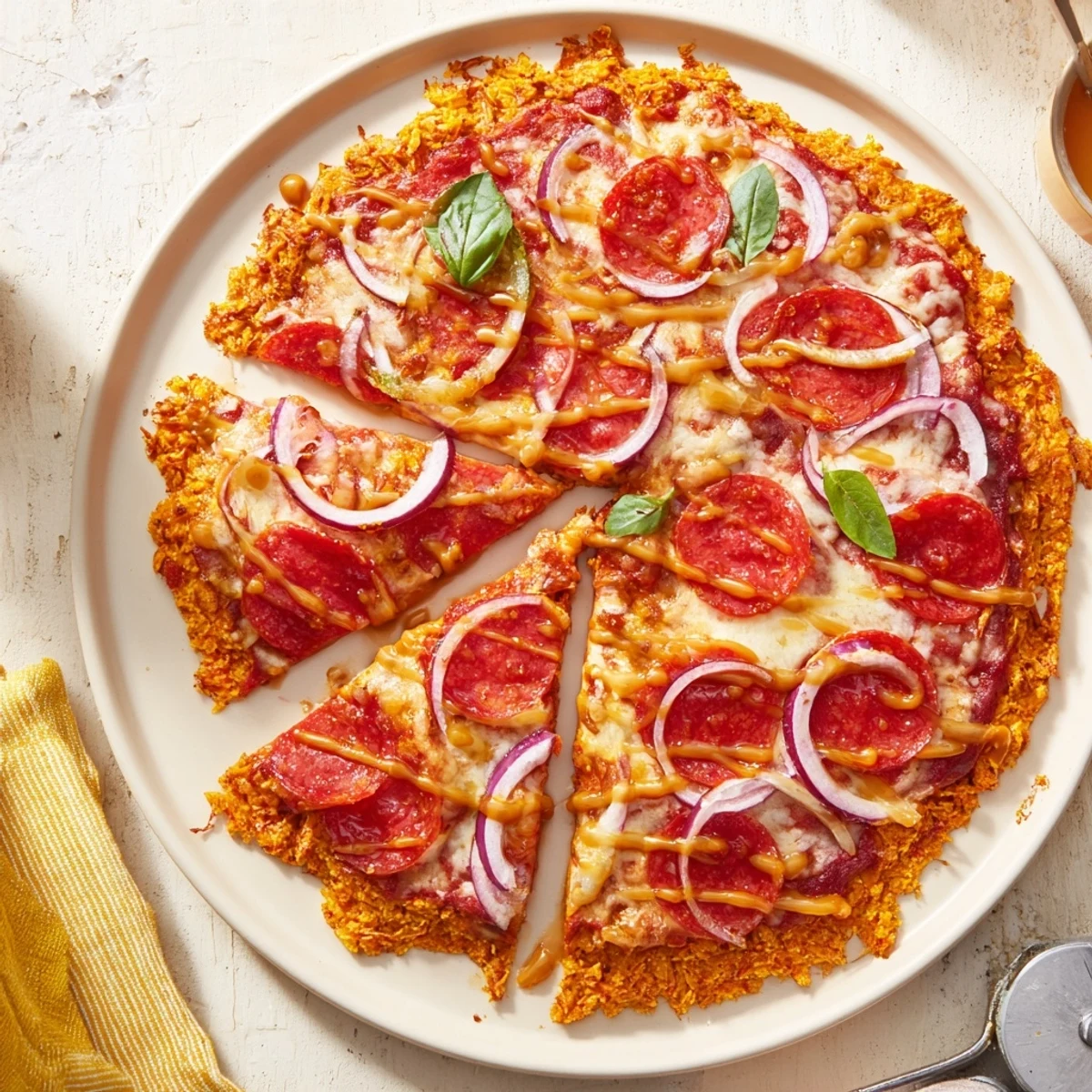 Golden pepperoni hot honey pizza with sweet potato crust drizzled with spicy honey