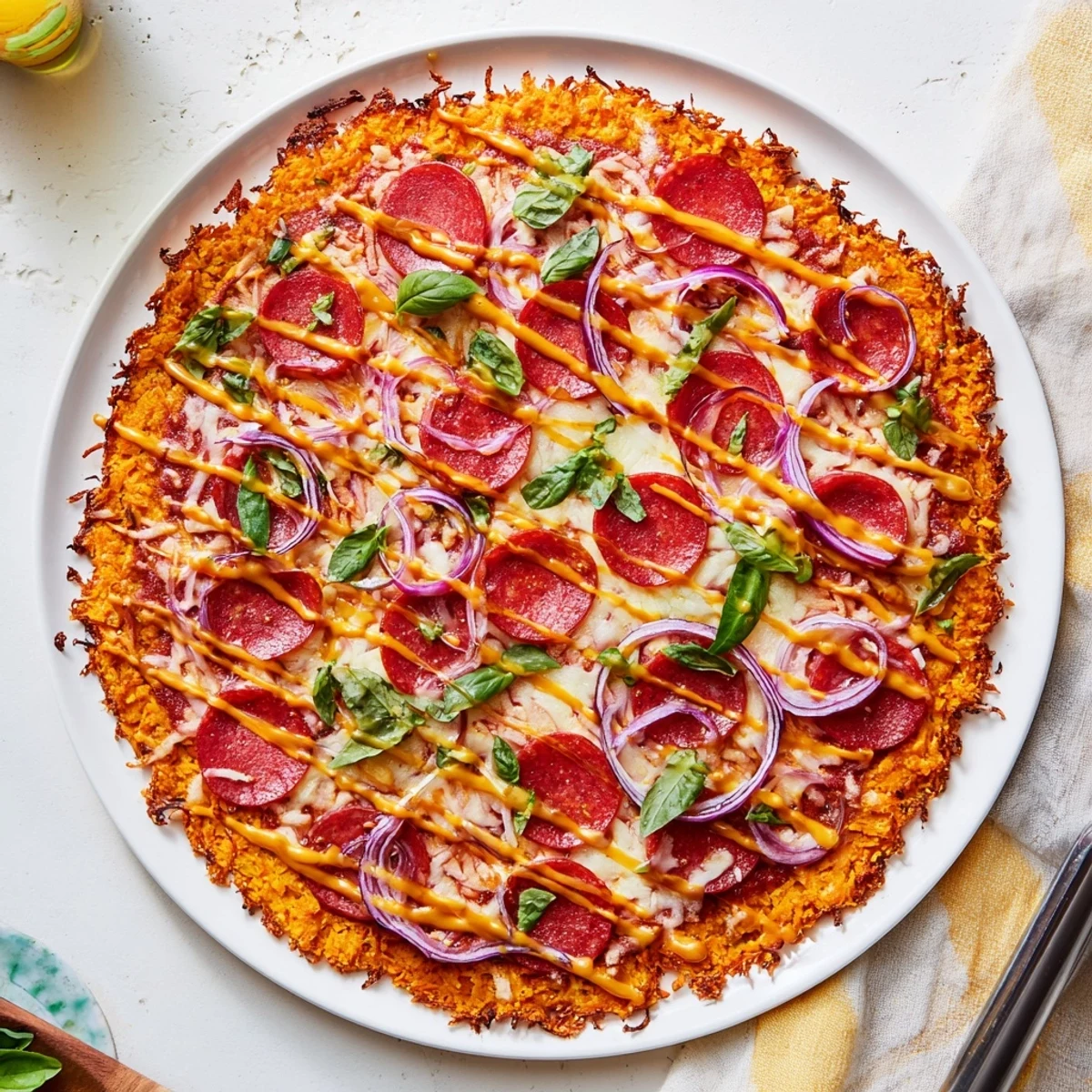 Gluten-free sweet potato crust pizza topped with bubbling cheese pepperoni and red onion