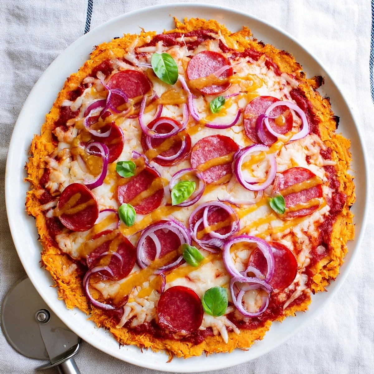 Spicy pepperoni pizza featuring crispy sweet potato crust finished with sweet hot honey drizzle