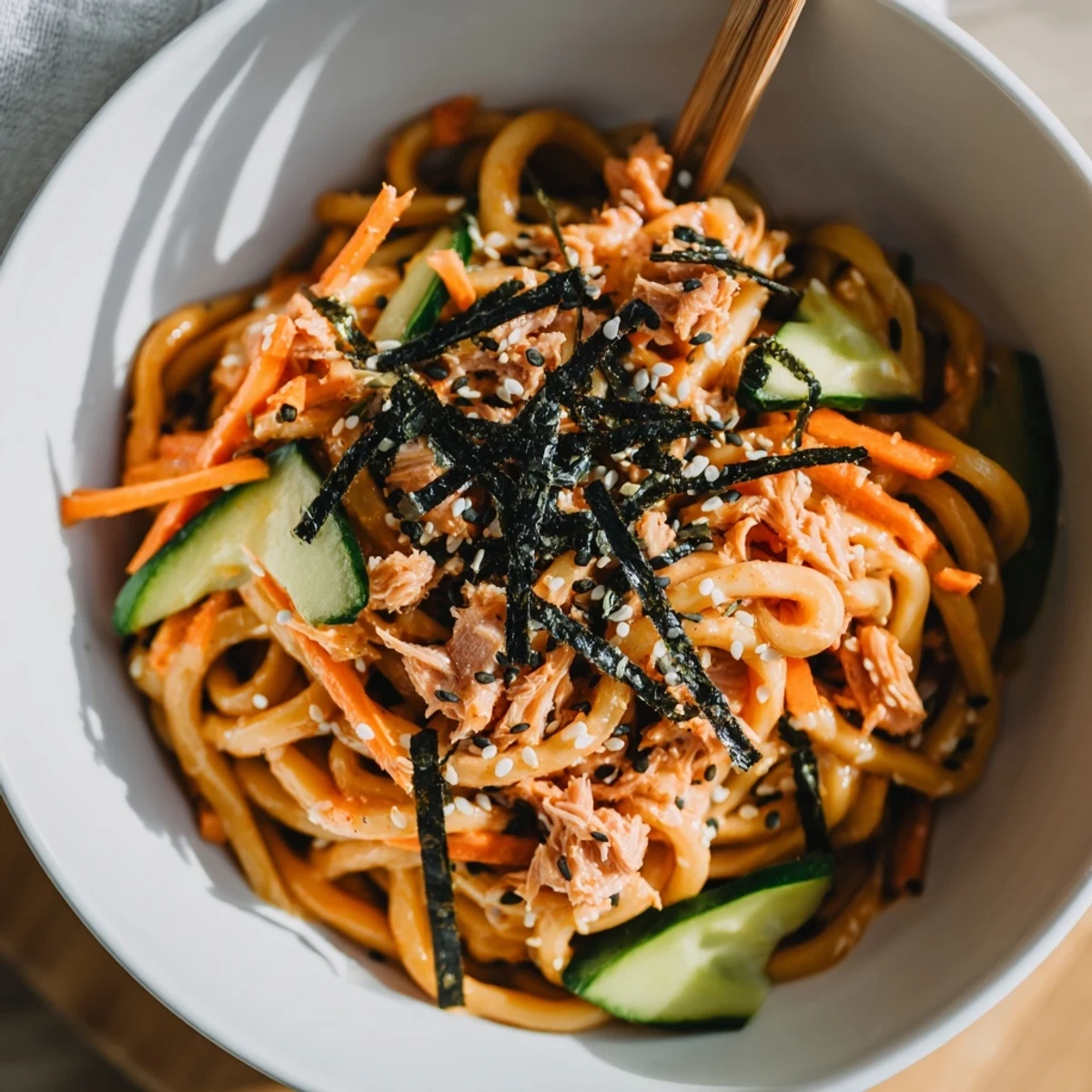 Spicy tuna udon noodles tossed in a creamy sriracha sauce with crisp julienned carrots and cucumber