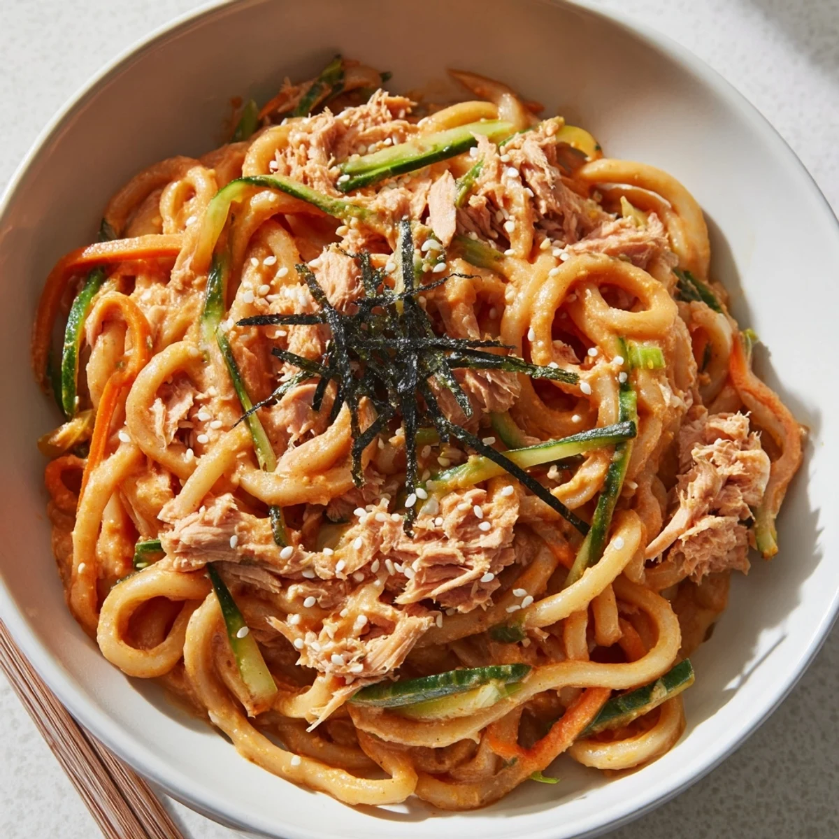 Steamy bowl of spicy tuna udon drizzled with spicy mayo and garnished with green onions and sesame seeds