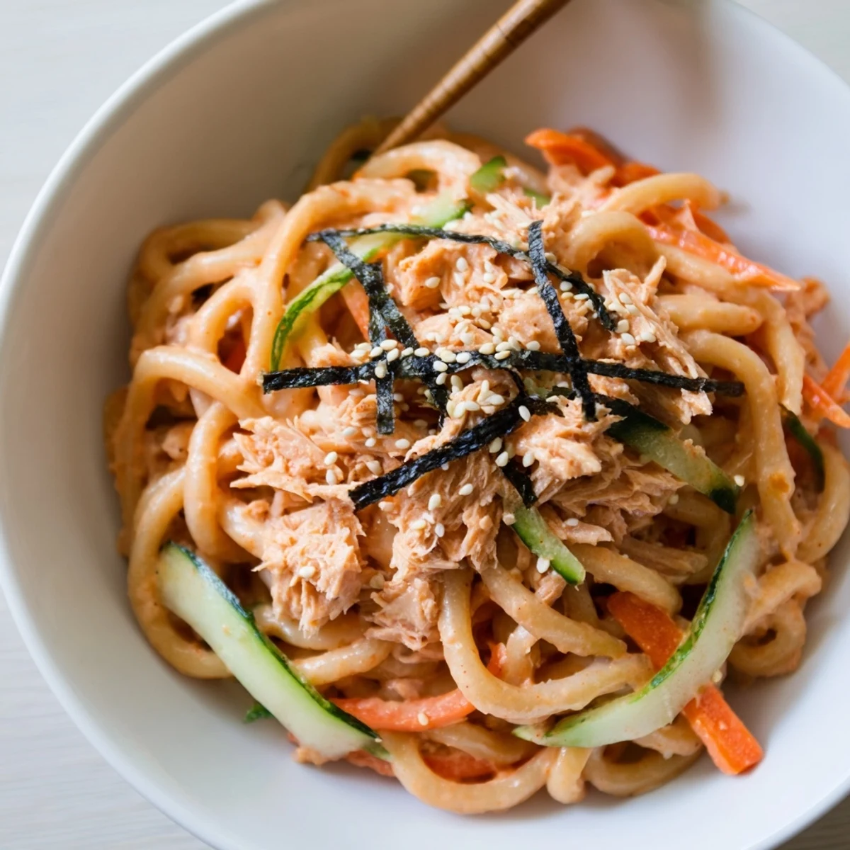 Glossy udon noodles coated in spicy tuna mixture topped with sesame seeds, nori, and fresh vegetables