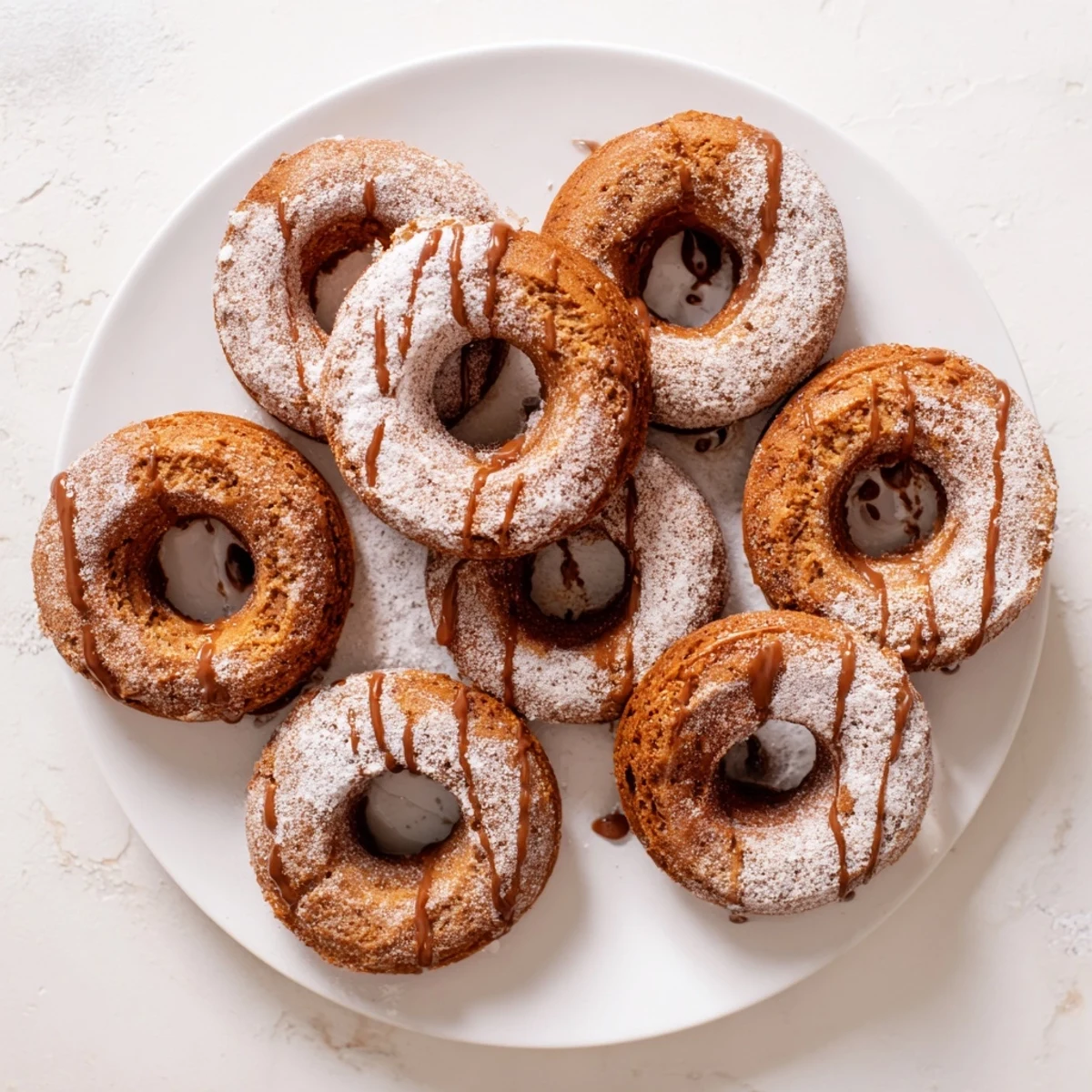 Golden brown banana bread donuts drizzled with vanilla glaze and cinnamon topping