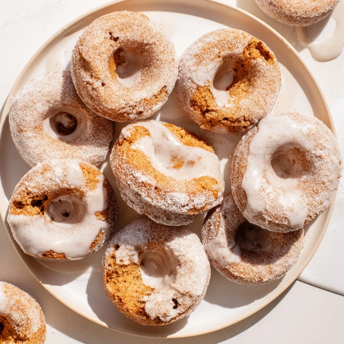 Soft moist banana bread donuts arranged on a white plate ready to serve