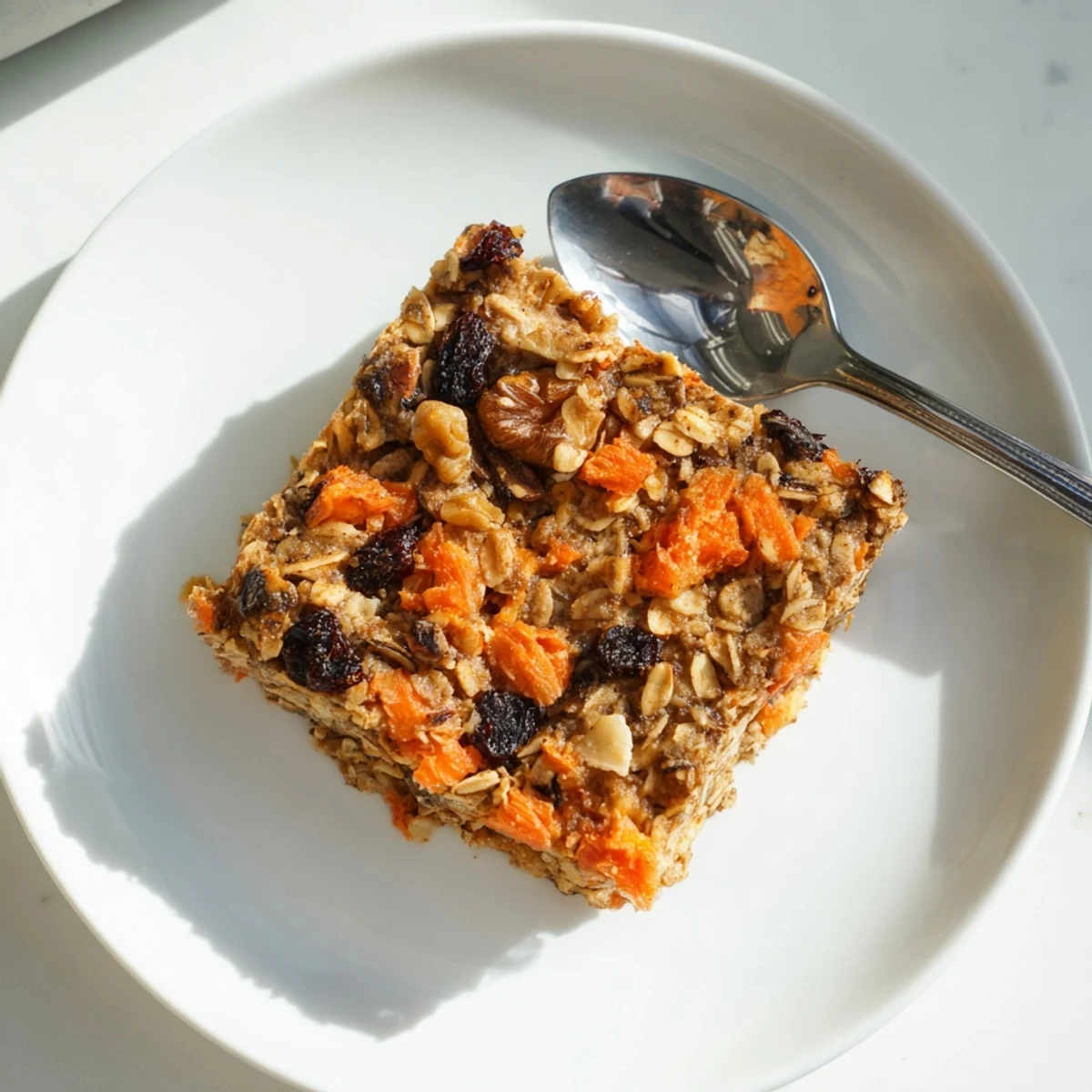 Cozy breakfast bowl showing spiced carrot cake baked oatmeal with shredded coconut and maple syrup drizzle