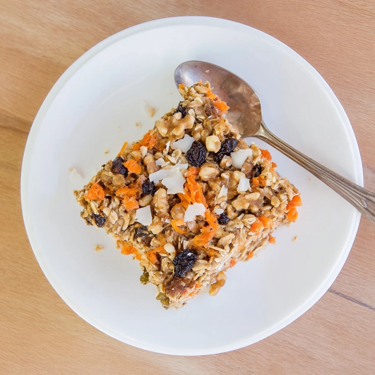 Warm slice of carrot cake baked oatmeal topped with grated carrots and pecans on a white plate
