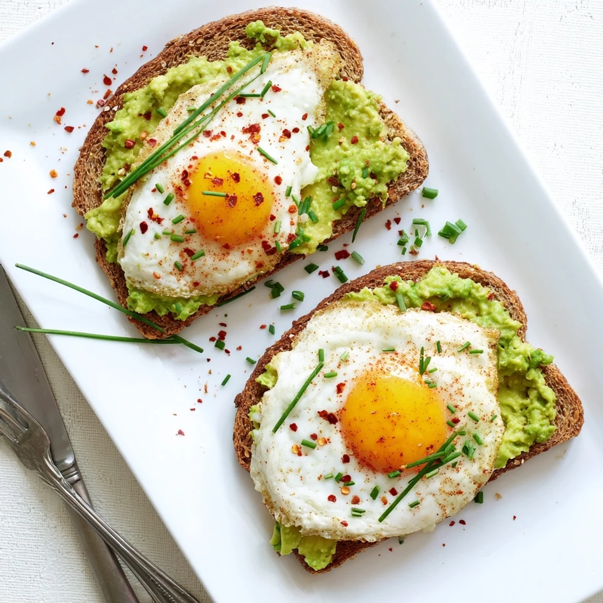 Hearty breakfast plate showing two slices of avocado toast crowned with runny yolks and red pepper flakes