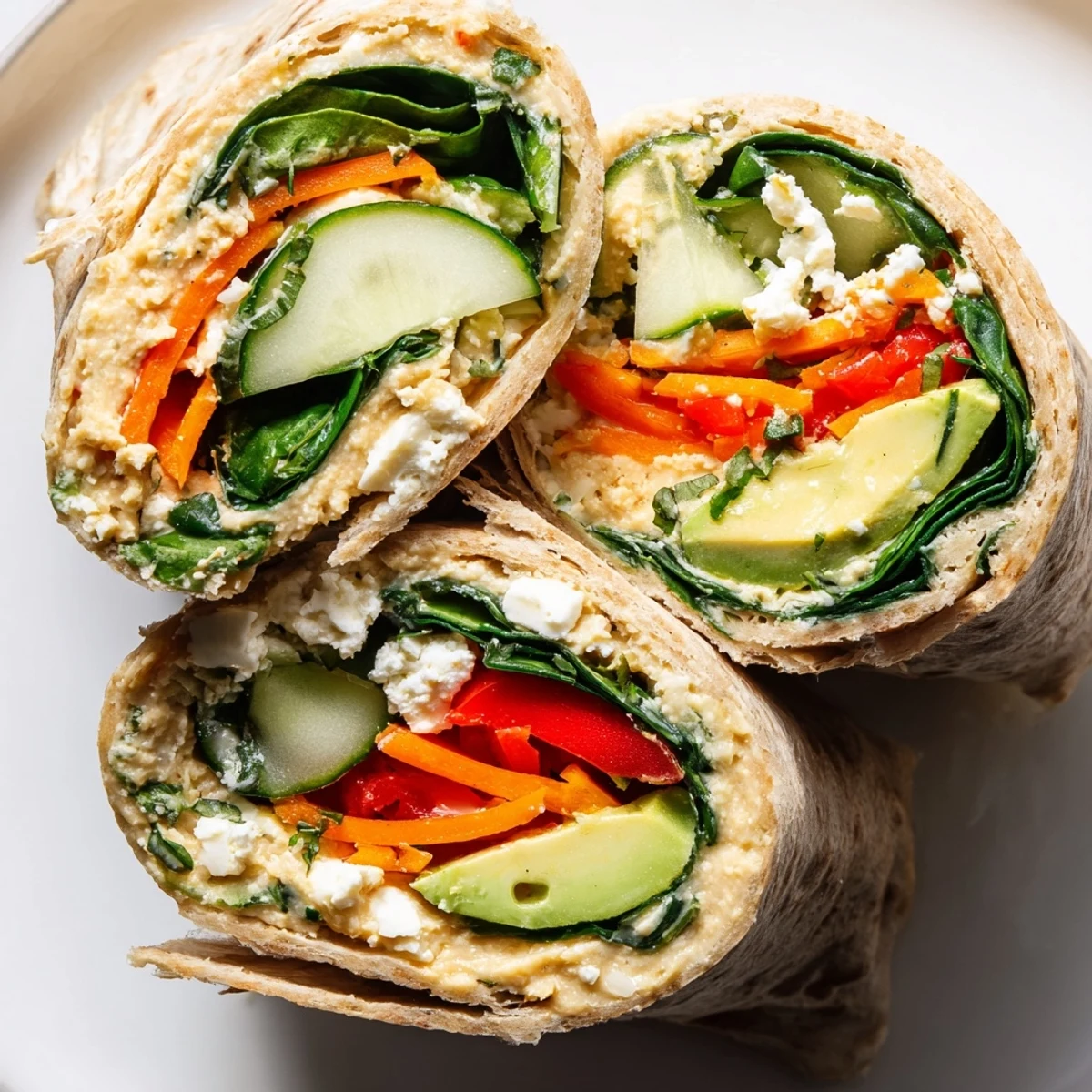 Golden whole wheat tortilla wrapped around creamy spinach hummus with crisp cucumber and colorful vegetables