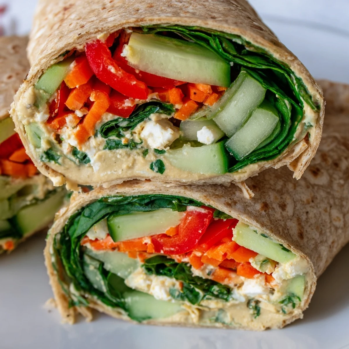 Mediterranean-style spinach hummus lunch wraps sliced diagonally revealing layers of fresh avocado and bell pepper