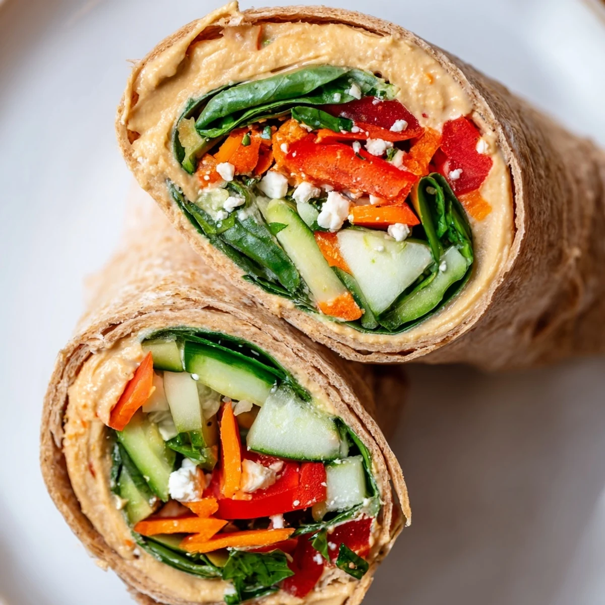 Healthy spinach hummus wraps served on white plate with fresh lemon wedges and vibrant vegetable fillings
