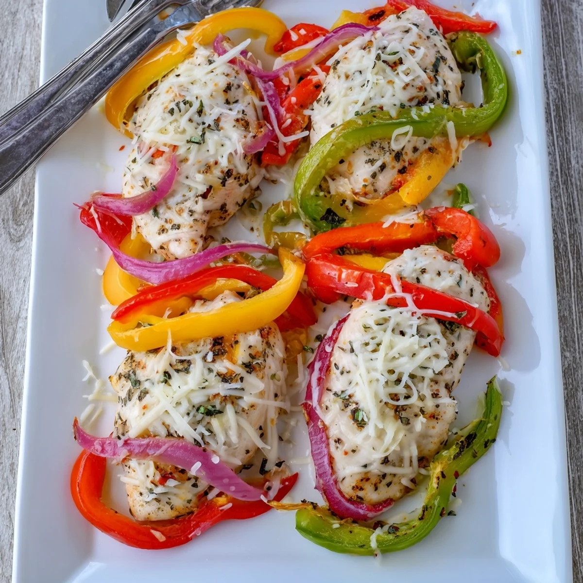 Golden cheesy baked chicken breast resting atop colorful roasted bell pepper slices