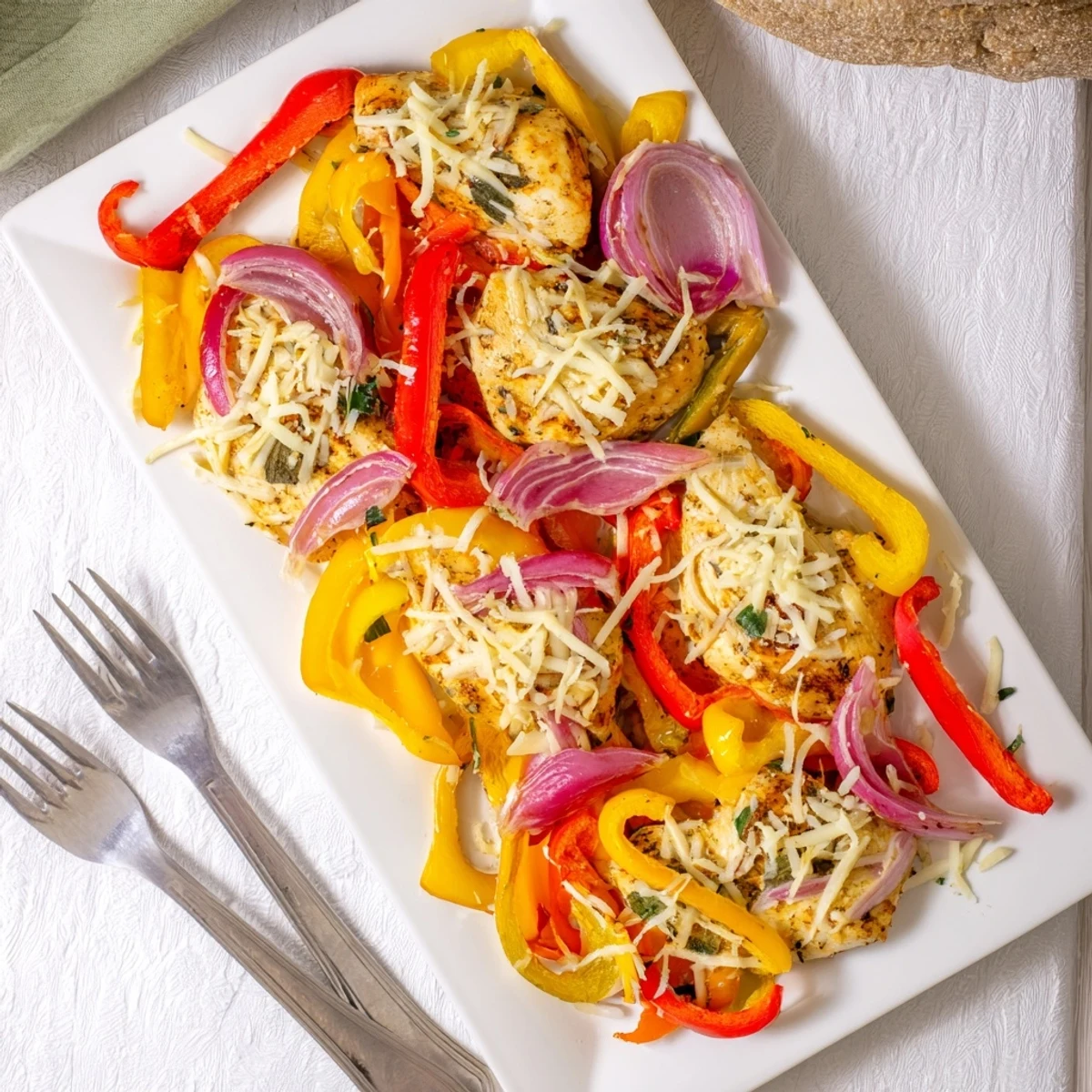 Tender cheesy baked chicken breast with melted mozzarella over vibrant red and yellow peppers