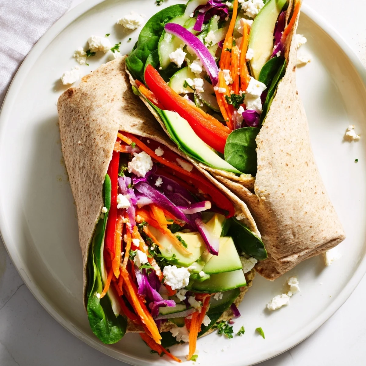 Mediterranean hummus veggie wrap rolled tightly with vibrant bell pepper cucumber spinach and carrot ready for healthy lunch