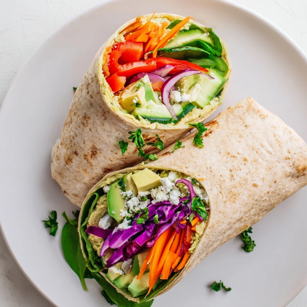 Fresh hummus veggie wrap sliced diagonally revealing colorful layers of crisp vegetables and creamy spread inside whole wheat tortilla