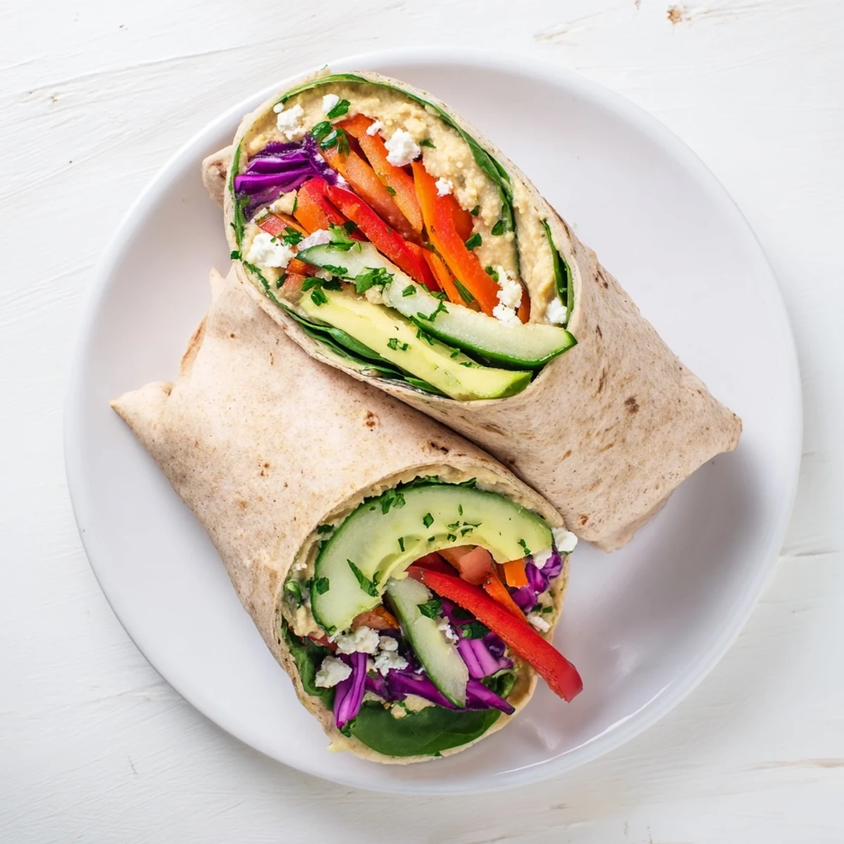 Vegan hummus veggie wrap packed with purple cabbage avocado and crisp vegetables on spinach tortilla perfect for grab and go meal