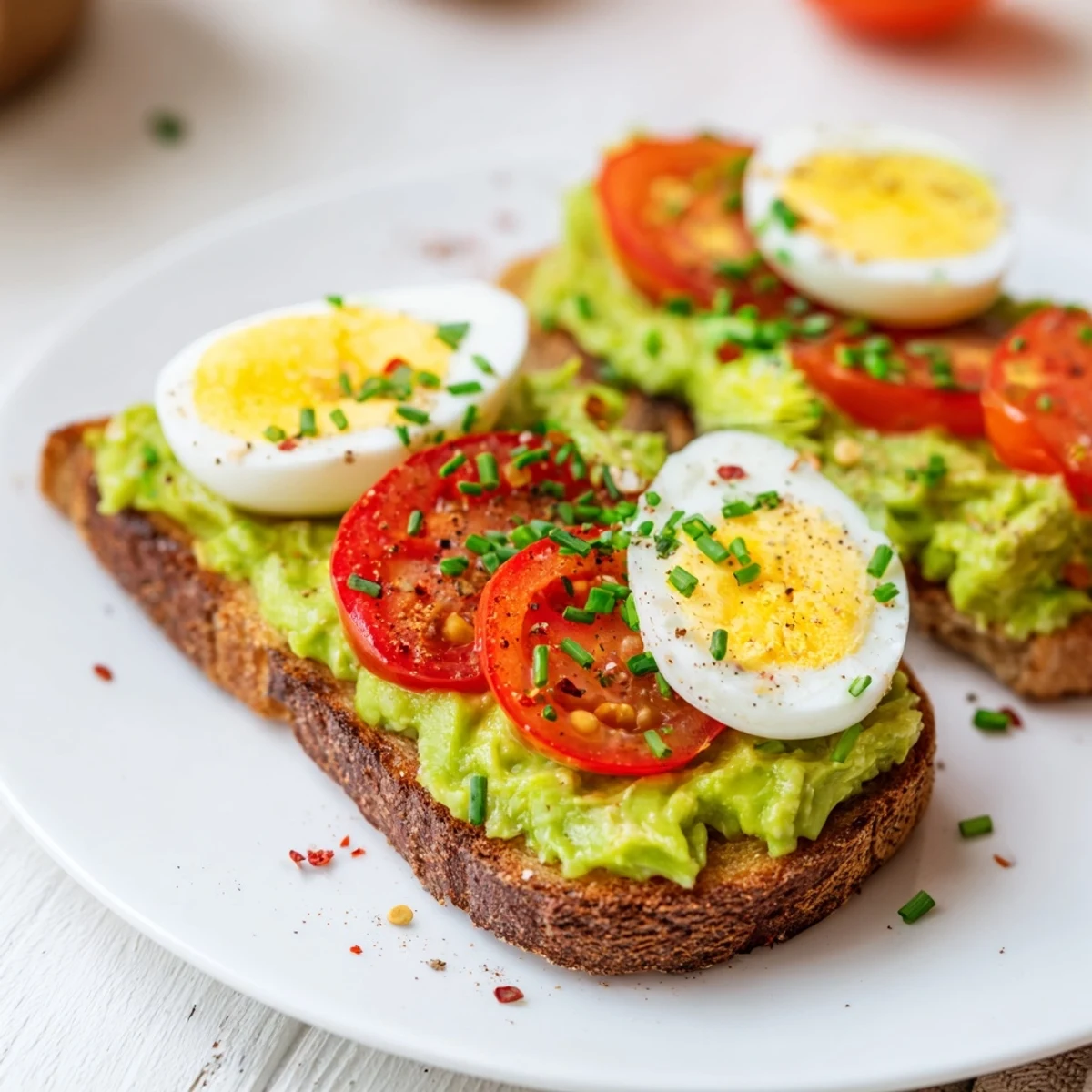 Golden avocado toast topped with juicy tomato slices and hard-boiled egg rounds