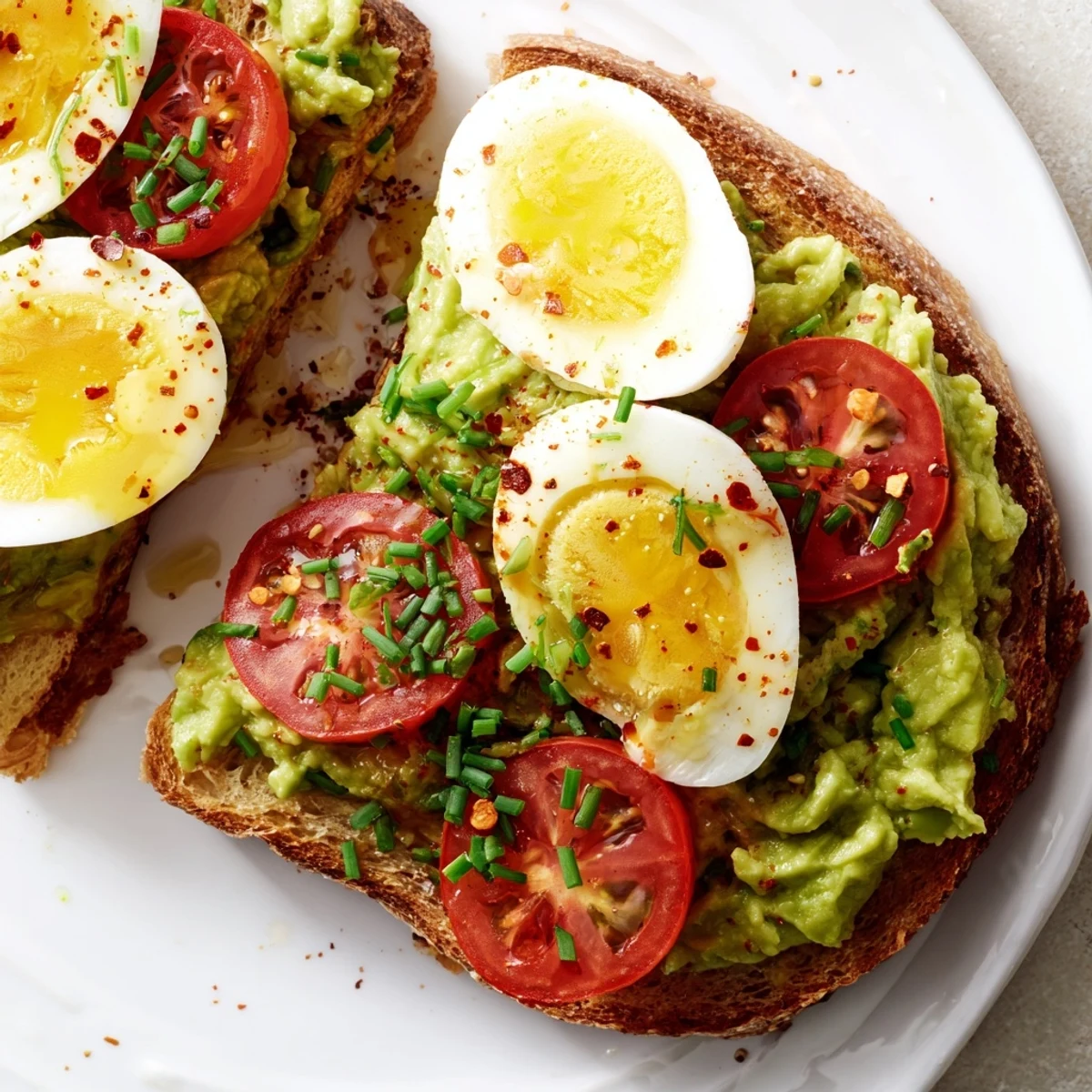 Creamy avocado spread on crispy toast with layered tomato and sliced hard-boiled eggs