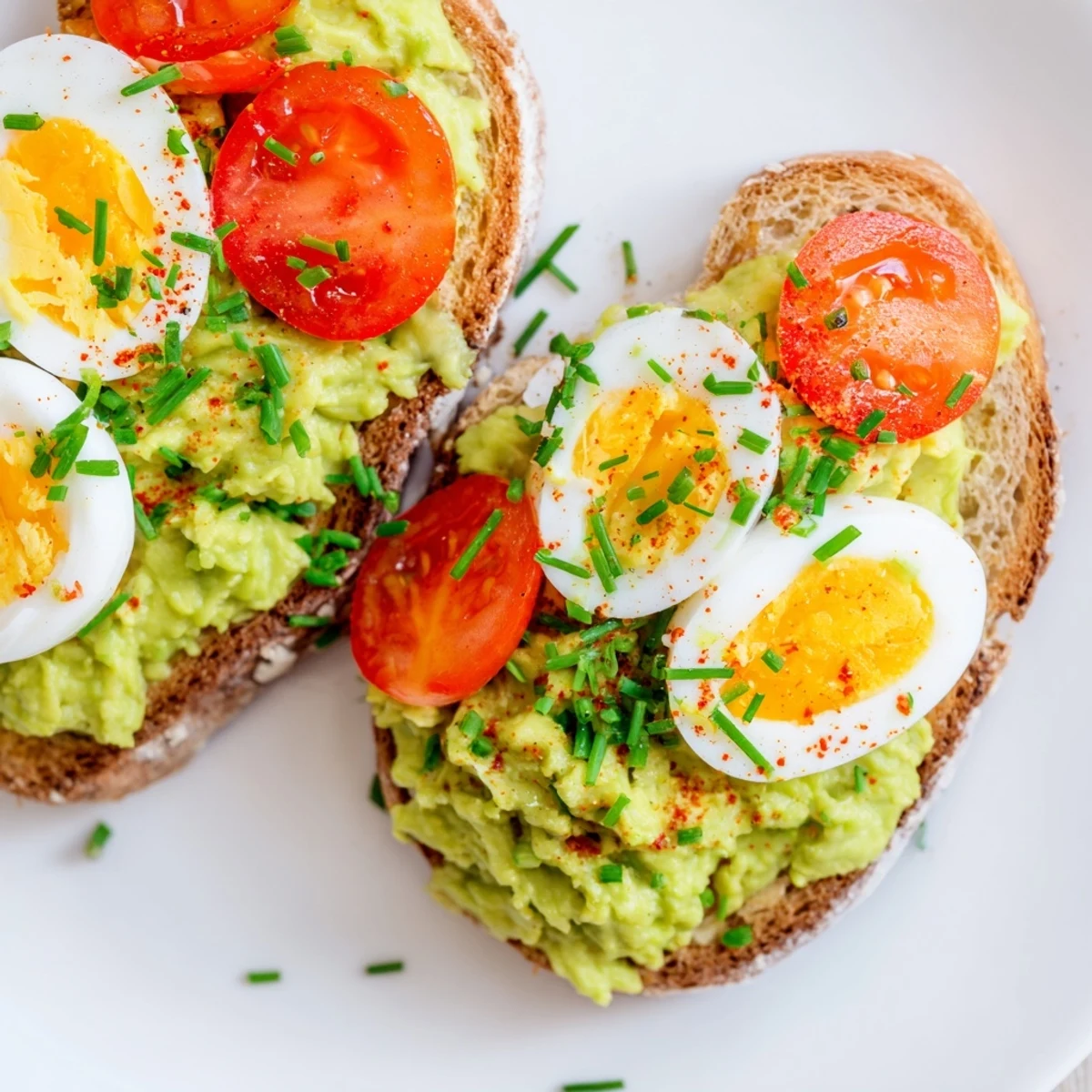 Protein-rich avocado toast featuring fresh tomato wedges and perfectly cooked hard-boiled eggs