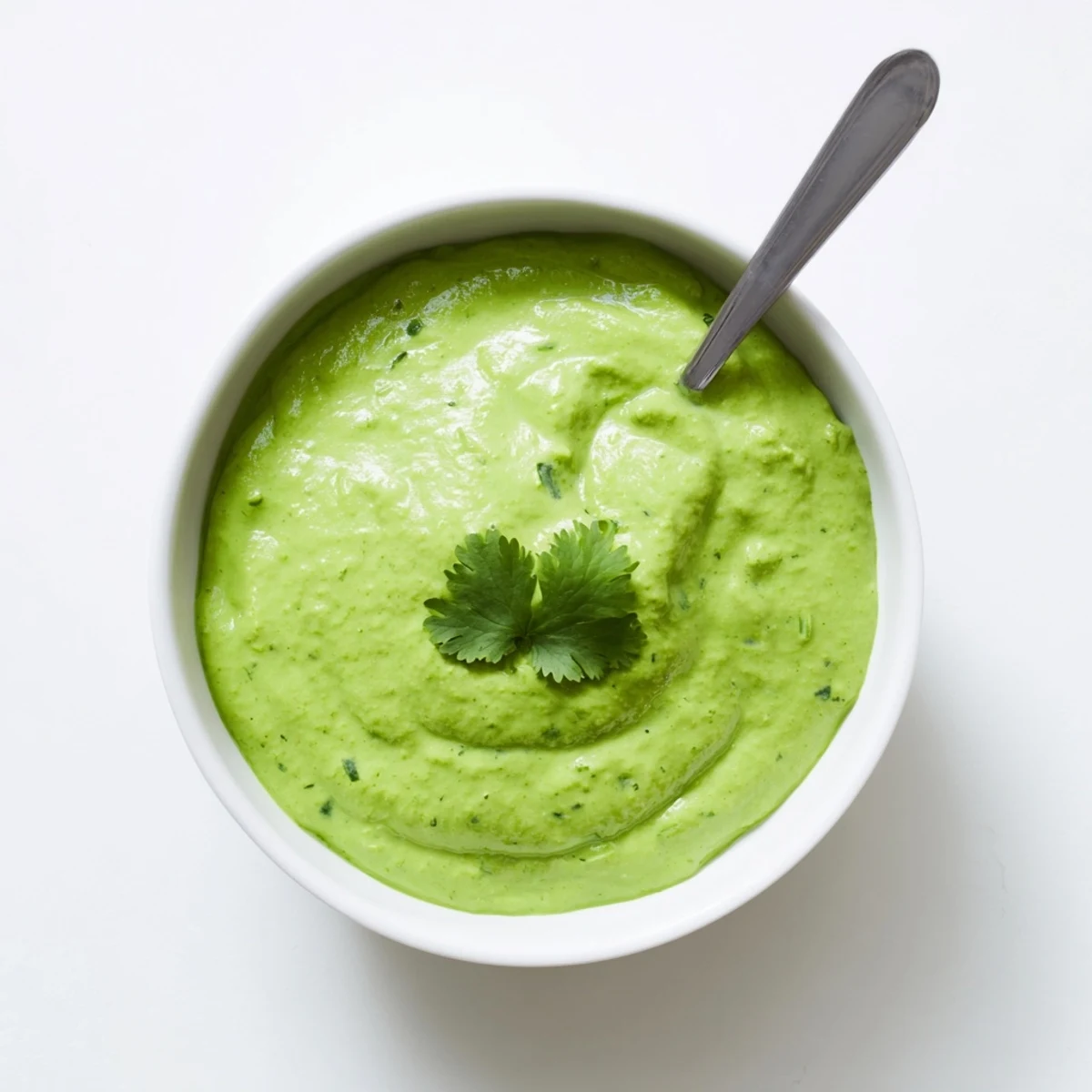 Glossy bright green Peruvian aji verde sauce served in ramekin alongside grilled vegetables and fries