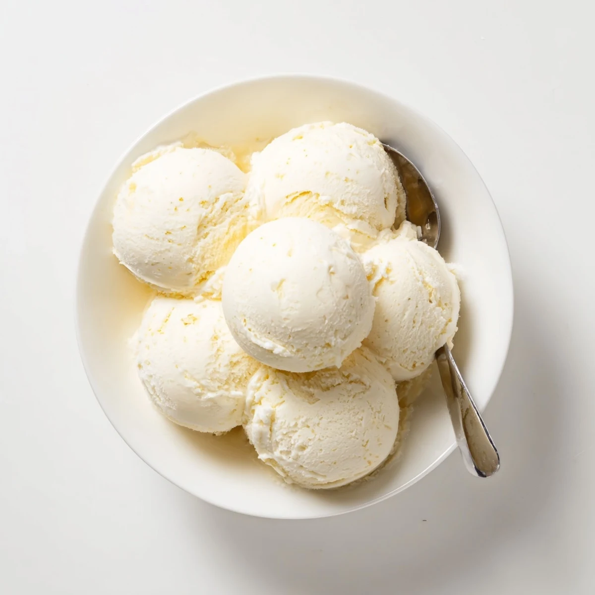 Rich vanilla ice cream recipe served in a glass bowl topped with wafer cookies