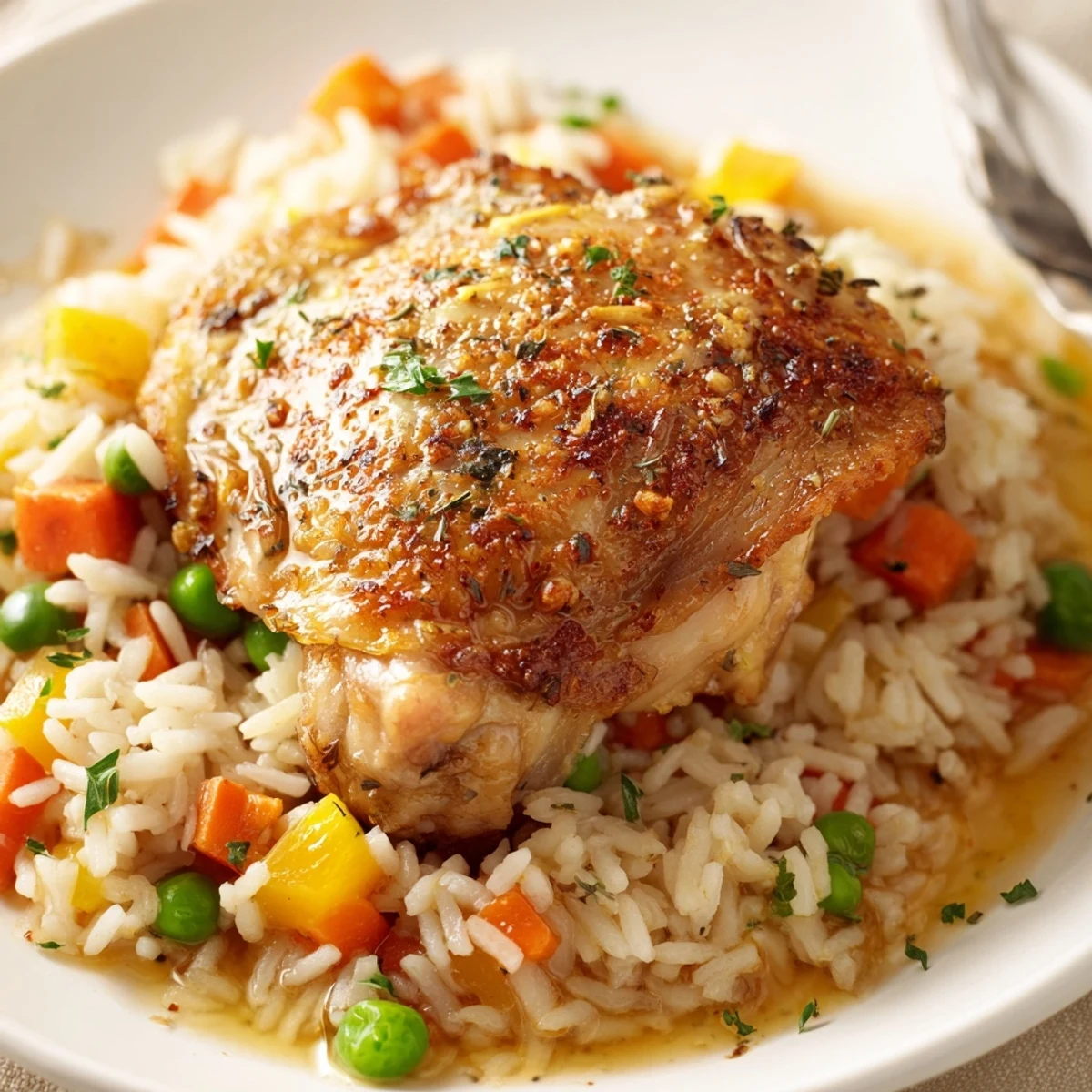 Slow Cooker Lemon Herb Chicken And Rice, tender chicken over fluffy lemon scented rice
