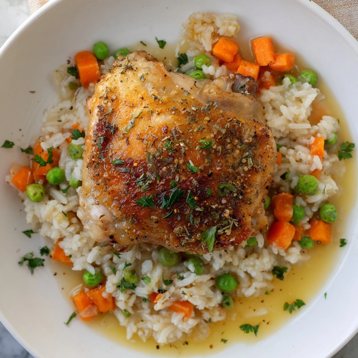 Steaming bowl of Slow Cooker Lemon Herb Chicken And Rice, garnished with fresh parsley