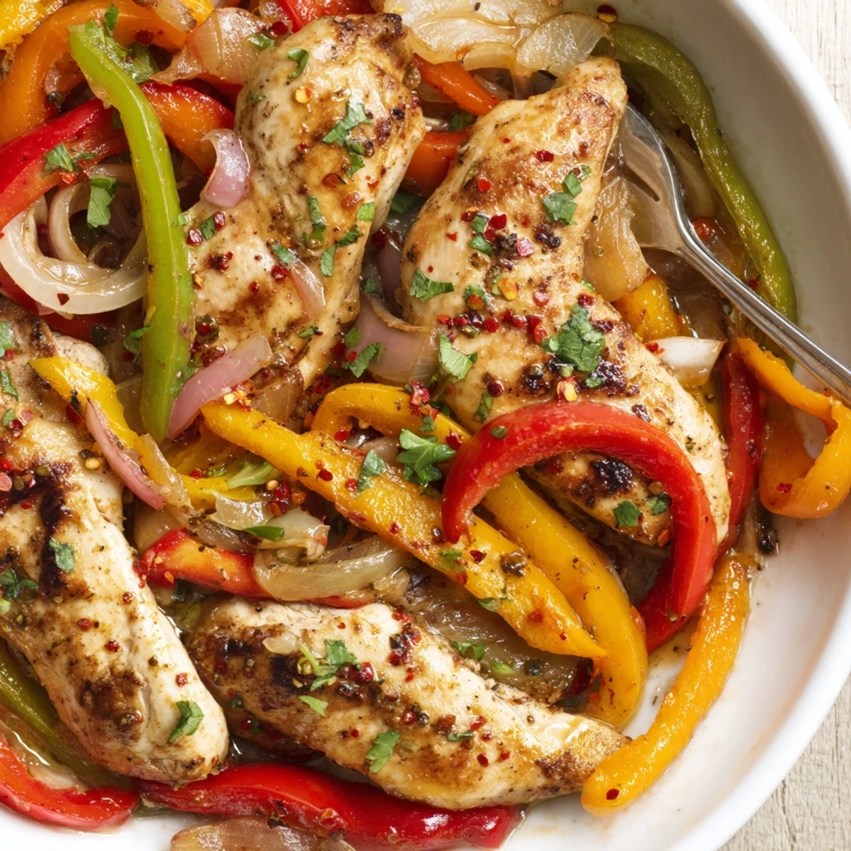 One Pan Chicken And Peppers sizzling in skillet with golden seared breasts