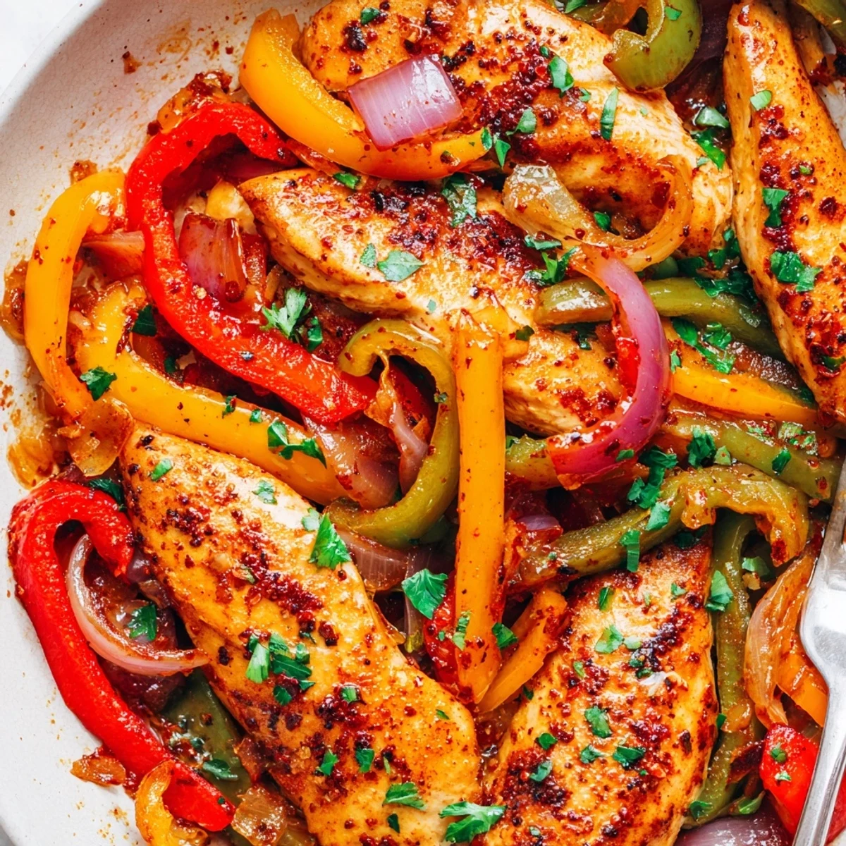 Roasted One Pan Chicken And Peppers nestled amid caramelized onions and vibrant vegetables