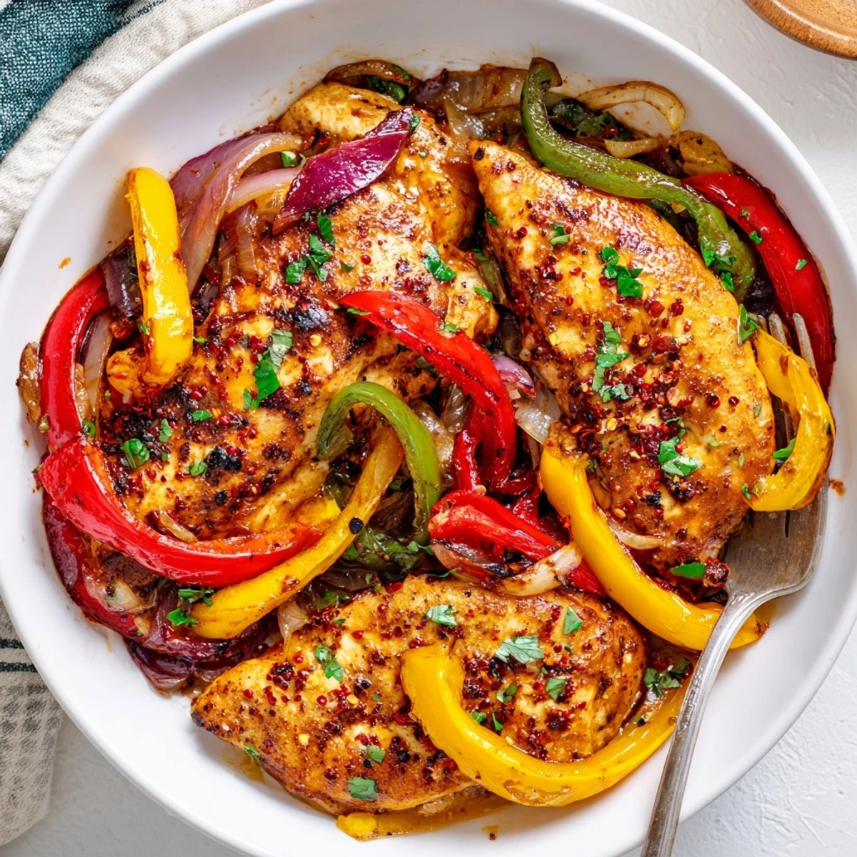 One Pan Chicken And Peppers served hot over rice with parsley garnish
