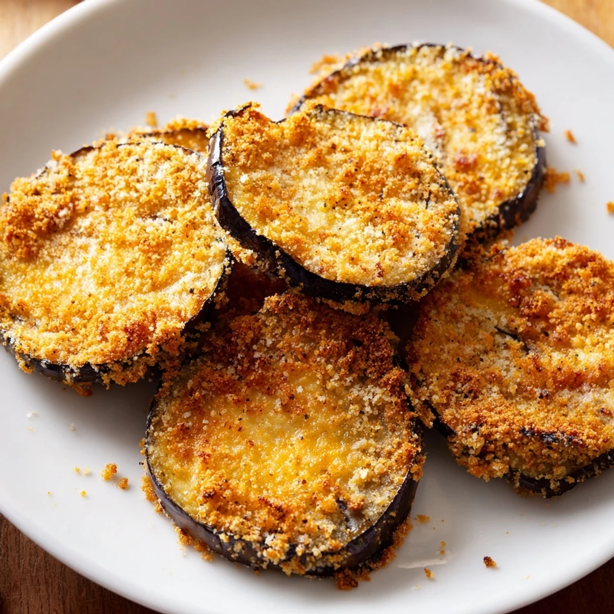Golden Crispy Baked Eggplant rounds, oven-baked to crisp edges, ideal appetizer.