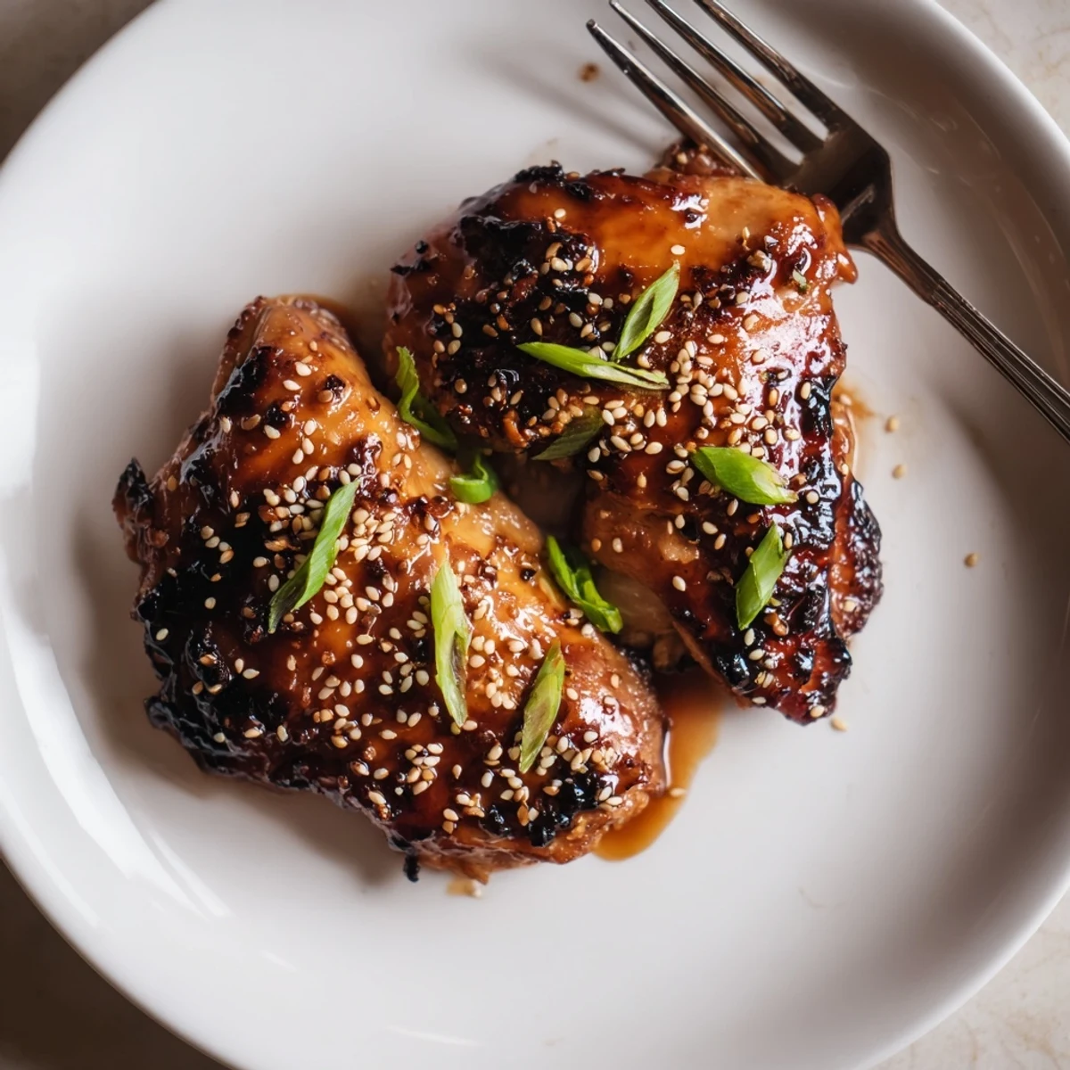 Juicy Korean Chicken Thighs glazed and caramelized, garnished with sesame and scallions  